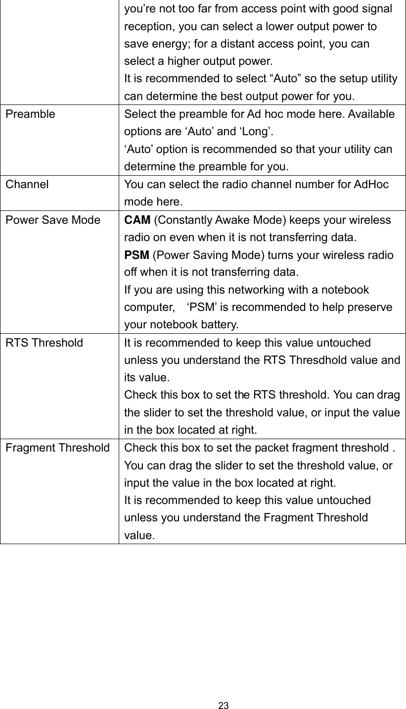  23 you’re not too far from access point with good signal reception, you can select a lower output power to save energy; for a distant access point, you can select a higher output power.   It is recommended to select “Auto” so the setup utility can determine the best output power for you. Preamble  Select the preamble for Ad hoc mode here. Available options are ‘Auto’ and ‘Long’. ‘Auto’ option is recommended so that your utility can determine the preamble for you. Channel  You can select the radio channel number for AdHoc mode here. Power Save Mode  CAM (Constantly Awake Mode) keeps your wireless radio on even when it is not transferring data.     PSM (Power Saving Mode) turns your wireless radio off when it is not transferring data. If you are using this networking with a notebook computer,    ‘PSM’ is recommended to help preserve your notebook battery.   RTS Threshold  It is recommended to keep this value untouched unless you understand the RTS Thresdhold value and its value.     Check this box to set the RTS threshold. You can drag the slider to set the threshold value, or input the value in the box located at right. Fragment Threshold  Check this box to set the packet fragment threshold . You can drag the slider to set the threshold value, or input the value in the box located at right. It is recommended to keep this value untouched unless you understand the Fragment Threshold value.  