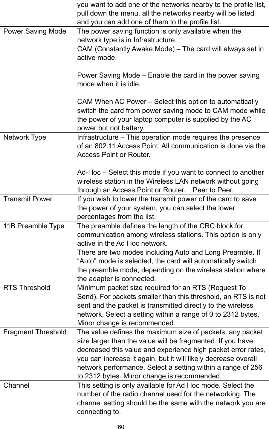  60 you want to add one of the networks nearby to the profile list, pull down the menu, all the networks nearby will be listed and you can add one of them to the profile list. Power Saving Mode  The power saving function is only available when the network type is in Infrastructure. CAM (Constantly Awake Mode) – The card will always set in active mode.  Power Saving Mode – Enable the card in the power saving mode when it is idle.  CAM When AC Power – Select this option to automatically switch the card from power saving mode to CAM mode while the power of your laptop computer is supplied by the AC power but not battery. Network Type  Infrastructure – This operation mode requires the presence of an 802.11 Access Point. All communication is done via the Access Point or Router.    Ad-Hoc – Select this mode if you want to connect to another wireless station in the Wireless LAN network without going through an Access Point or Router.    Peer to Peer. Transmit Power  If you wish to lower the transmit power of the card to save the power of your system, you can select the lower percentages from the list. 11B Preamble Type  The preamble defines the length of the CRC block for communication among wireless stations. This option is only active in the Ad Hoc network. There are two modes including Auto and Long Preamble. If “Auto&quot; mode is selected, the card will automatically switch the preamble mode, depending on the wireless station where the adapter is connected. RTS Threshold  Minimum packet size required for an RTS (Request To Send). For packets smaller than this threshold, an RTS is not sent and the packet is transmitted directly to the wireless network. Select a setting within a range of 0 to 2312 bytes. Minor change is recommended. Fragment Threshold  The value defines the maximum size of packets; any packet size larger than the value will be fragmented. If you have decreased this value and experience high packet error rates, you can increase it again, but it will likely decrease overall network performance. Select a setting within a range of 256 to 2312 bytes. Minor change is recommended. Channel  This setting is only available for Ad Hoc mode. Select the number of the radio channel used for the networking. The channel setting should be the same with the network you are connecting to. 