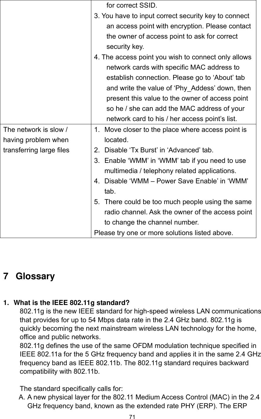  71 for correct SSID. 3. You have to input correct security key to connect an access point with encryption. Please contact the owner of access point to ask for correct security key. 4. The access point you wish to connect only allows network cards with specific MAC address to establish connection. Please go to ‘About’ tab and write the value of ‘Phy_Addess’ down, then present this value to the owner of access point so he / she can add the MAC address of your network card to his / her access point’s list. The network is slow / having problem when transferring large files 1.  Move closer to the place where access point is located. 2.  Disable ‘Tx Burst’ in ‘Advanced’ tab. 3.  Enable ‘WMM’ in ‘WMM’ tab if you need to use multimedia / telephony related applications. 4.  Disable ‘WMM – Power Save Enable’ in ‘WMM’ tab. 5.  There could be too much people using the same radio channel. Ask the owner of the access point to change the channel number. Please try one or more solutions listed above.   7 Glossary  1.  What is the IEEE 802.11g standard? 802.11g is the new IEEE standard for high-speed wireless LAN communications that provides for up to 54 Mbps data rate in the 2.4 GHz band. 802.11g is quickly becoming the next mainstream wireless LAN technology for the home, office and public networks.   802.11g defines the use of the same OFDM modulation technique specified in IEEE 802.11a for the 5 GHz frequency band and applies it in the same 2.4 GHz frequency band as IEEE 802.11b. The 802.11g standard requires backward compatibility with 802.11b.  The standard specifically calls for:   A. A new physical layer for the 802.11 Medium Access Control (MAC) in the 2.4 GHz frequency band, known as the extended rate PHY (ERP). The ERP 