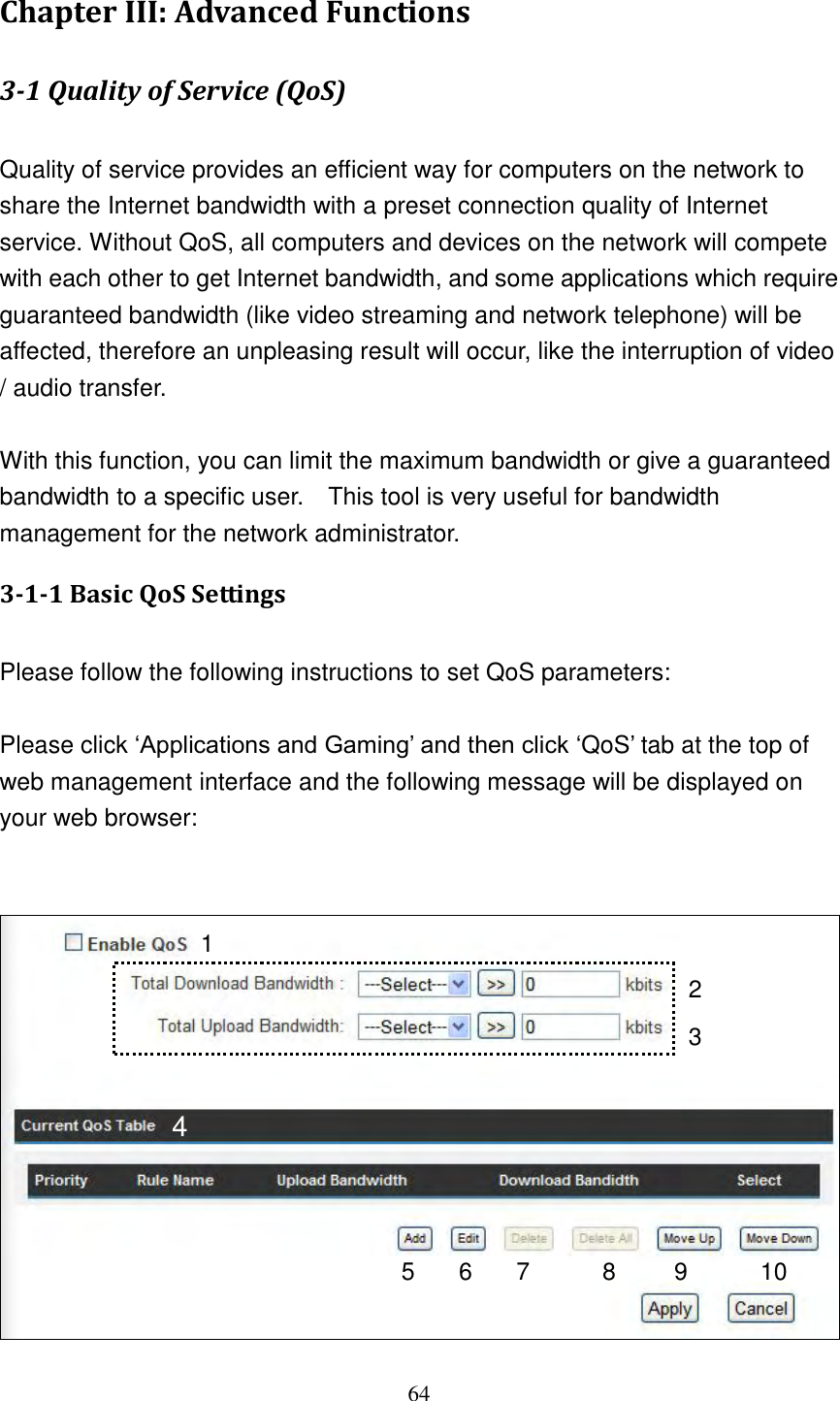 64 Chapter III: Advanced Functions 3-1 Quality of Service (QoS)  Quality of service provides an efficient way for computers on the network to share the Internet bandwidth with a preset connection quality of Internet service. Without QoS, all computers and devices on the network will compete with each other to get Internet bandwidth, and some applications which require guaranteed bandwidth (like video streaming and network telephone) will be affected, therefore an unpleasing result will occur, like the interruption of video / audio transfer.    With this function, you can limit the maximum bandwidth or give a guaranteed bandwidth to a specific user.  This tool is very useful for bandwidth management for the network administrator. 3-1-1 Basic QoS Settings  Please follow the following instructions to set QoS parameters:  Please click „Applications and Gaming‟ and then click „QoS‟ tab at the top of web management interface and the following message will be displayed on your web browser:    1 2 3 4 5 6 7 8 9 10 