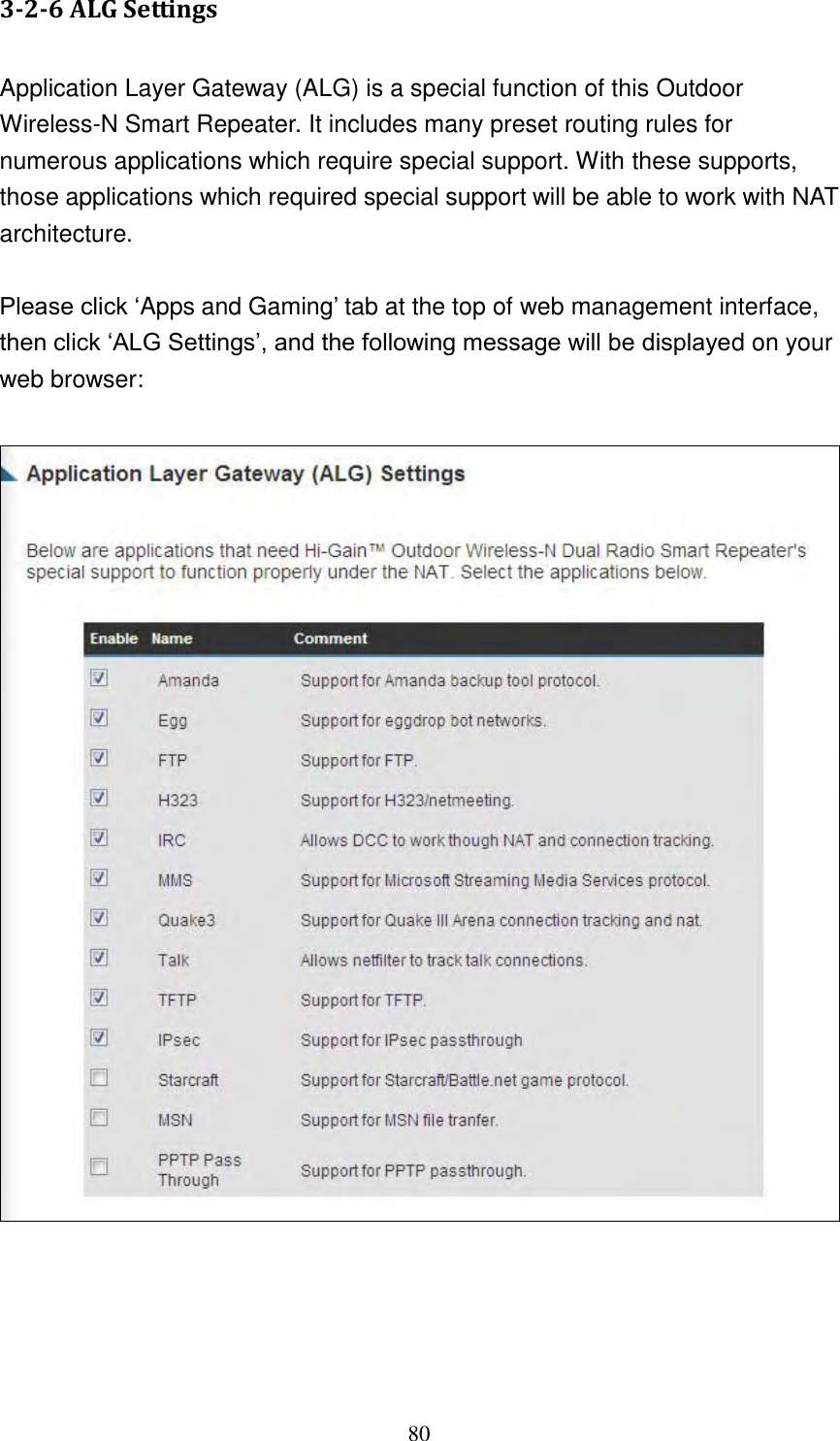 80 3-2-6 ALG Settings  Application Layer Gateway (ALG) is a special function of this Outdoor Wireless-N Smart Repeater. It includes many preset routing rules for numerous applications which require special support. With these supports, those applications which required special support will be able to work with NAT architecture.  Please click „Apps and Gaming‟ tab at the top of web management interface, then click „ALG Settings‟, and the following message will be displayed on your web browser:       