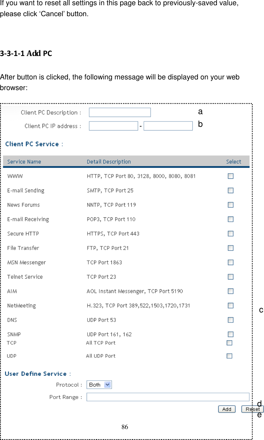 86 If you want to reset all settings in this page back to previously-saved value, please click „Cancel‟ button.   3-3-1-1 Add PC  After button is clicked, the following message will be displayed on your web browser:            a b c d e 