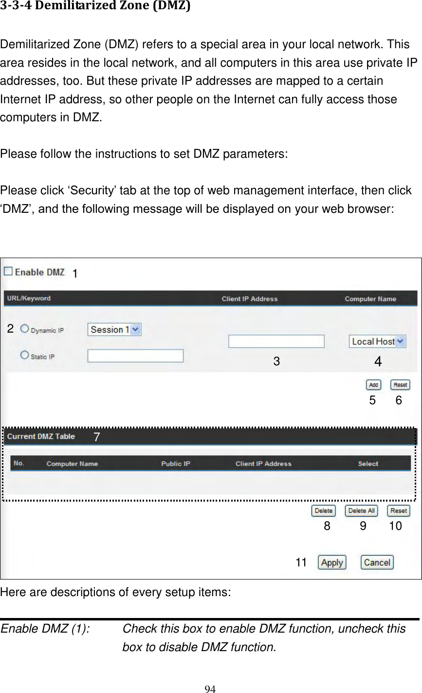 94  3-3-4 Demilitarized Zone (DMZ)  Demilitarized Zone (DMZ) refers to a special area in your local network. This area resides in the local network, and all computers in this area use private IP addresses, too. But these private IP addresses are mapped to a certain Internet IP address, so other people on the Internet can fully access those computers in DMZ.  Please follow the instructions to set DMZ parameters:  Please click „Security‟ tab at the top of web management interface, then click „DMZ‟, and the following message will be displayed on your web browser:    Here are descriptions of every setup items:  Enable DMZ (1):    Check this box to enable DMZ function, uncheck this box to disable DMZ function.  1 2 4 5 6 7 8 9 10 11 3 