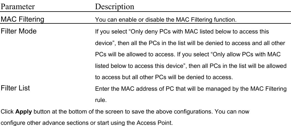 Parameter Description MAC Filtering   You can enable or disable the MAC Filtering function. Filter Mode   If you select “Only deny PCs with MAC listed below to access this device”, then all the PCs in the list will be denied to access and all other PCs will be allowed to access. If you select “Only allow PCs with MAC listed below to access this device”, then all PCs in the list will be allowed to access but all other PCs will be denied to access. Filter List  Enter the MAC address of PC that will be managed by the MAC Filtering rule. Click Apply button at the bottom of the screen to save the above configurations. You can now configure other advance sections or start using the Access Point.    