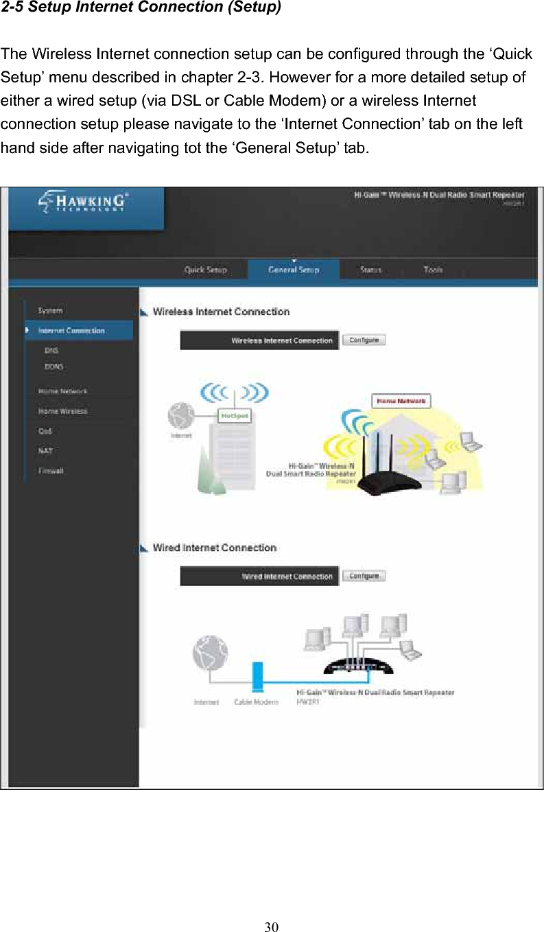 302-5 Setup Internet Connection (Setup) The Wireless Internet connection setup can be configured through the ‘Quick Setup’ menu described in chapter 2-3. However for a more detailed setup of either a wired setup (via DSL or Cable Modem) or a wireless Internet connection setup please navigate to the ‘Internet Connection’ tab on the left hand side after navigating tot the ‘General Setup’ tab.     