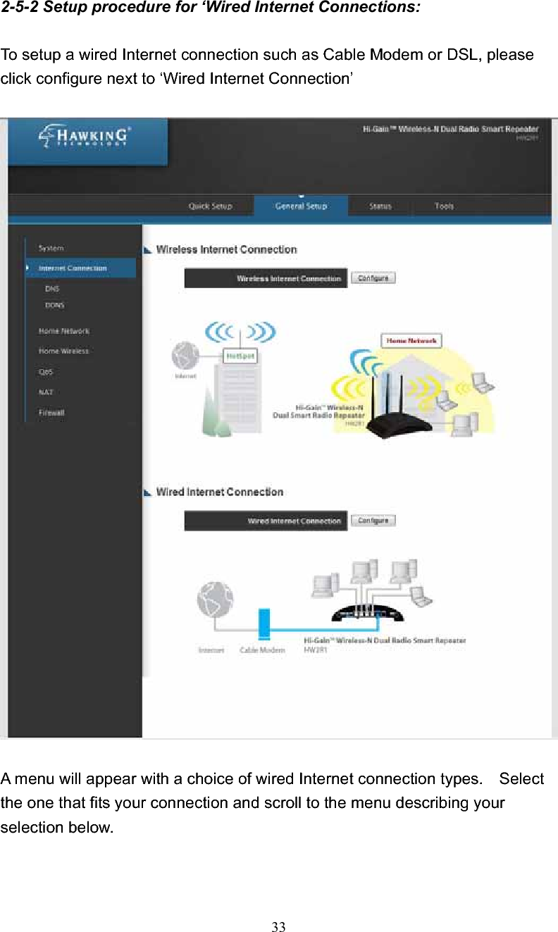 332-5-2 Setup procedure for ‘Wired Internet Connections: To setup a wired Internet connection such as Cable Modem or DSL, please click configure next to ‘Wired Internet Connection’ A menu will appear with a choice of wired Internet connection types.    Select the one that fits your connection and scroll to the menu describing your selection below. 