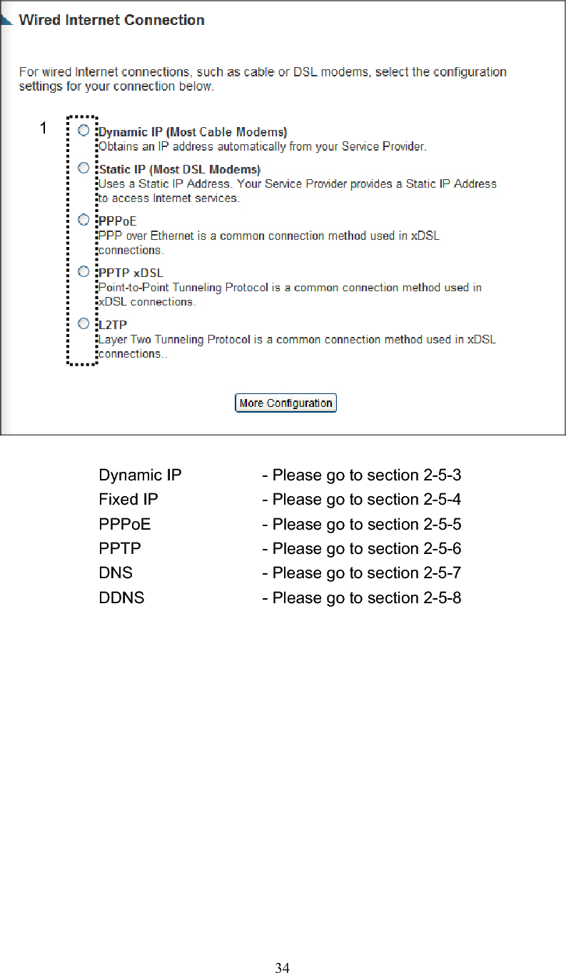 34Dynamic IP      - Please go to section 2-5-3 Fixed IP       - Please go to section 2-5-4 PPPoE        - Please go to section 2-5-5 PPTP        - Please go to section 2-5-6 DNS        - Please go to section 2-5-7 DDNS        - Please go to section 2-5-8 1