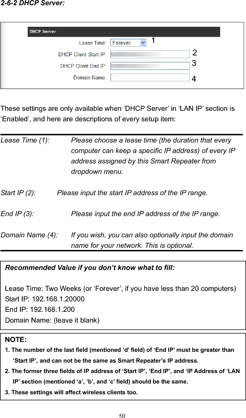 502-6-2 DHCP Server: These settings are only available when ‘DHCP Server’ in ‘LAN IP’ section is ‘Enabled’, and here are descriptions of every setup item: Lease Time (1):    Please choose a lease time (the duration that every computer can keep a specific IP address) of every IP address assigned by this Smart Repeater from dropdown menu. Start IP (2):      Please input the start IP address of the IP range. End IP (3):        Please input the end IP address of the IP range. Domain Name (4):    If you wish, you can also optionally input the domain name for your network. This is optional.Recommended Value if you don’t know what to fill: Lease Time: Two Weeks (or ‘Forever’, if you have less than 20 computers) Start IP: 192.168.1.20000 End IP: 192.168.1.200 Domain Name: (leave it blank) NOTE:1. The number of the last field (mentioned ‘d’ field) of ‘End IP’ must be greater than ‘Start IP’, and can not be the same as Smart Repeater’s IP address. 2. The former three fields of IP address of ‘Start IP’, ‘End IP’, and ‘IP Address of ‘LAN IP’ section (mentioned ‘a’, ‘b’, and ‘c’ field) should be the same. 3. These settings will affect wireless clients too. 1342