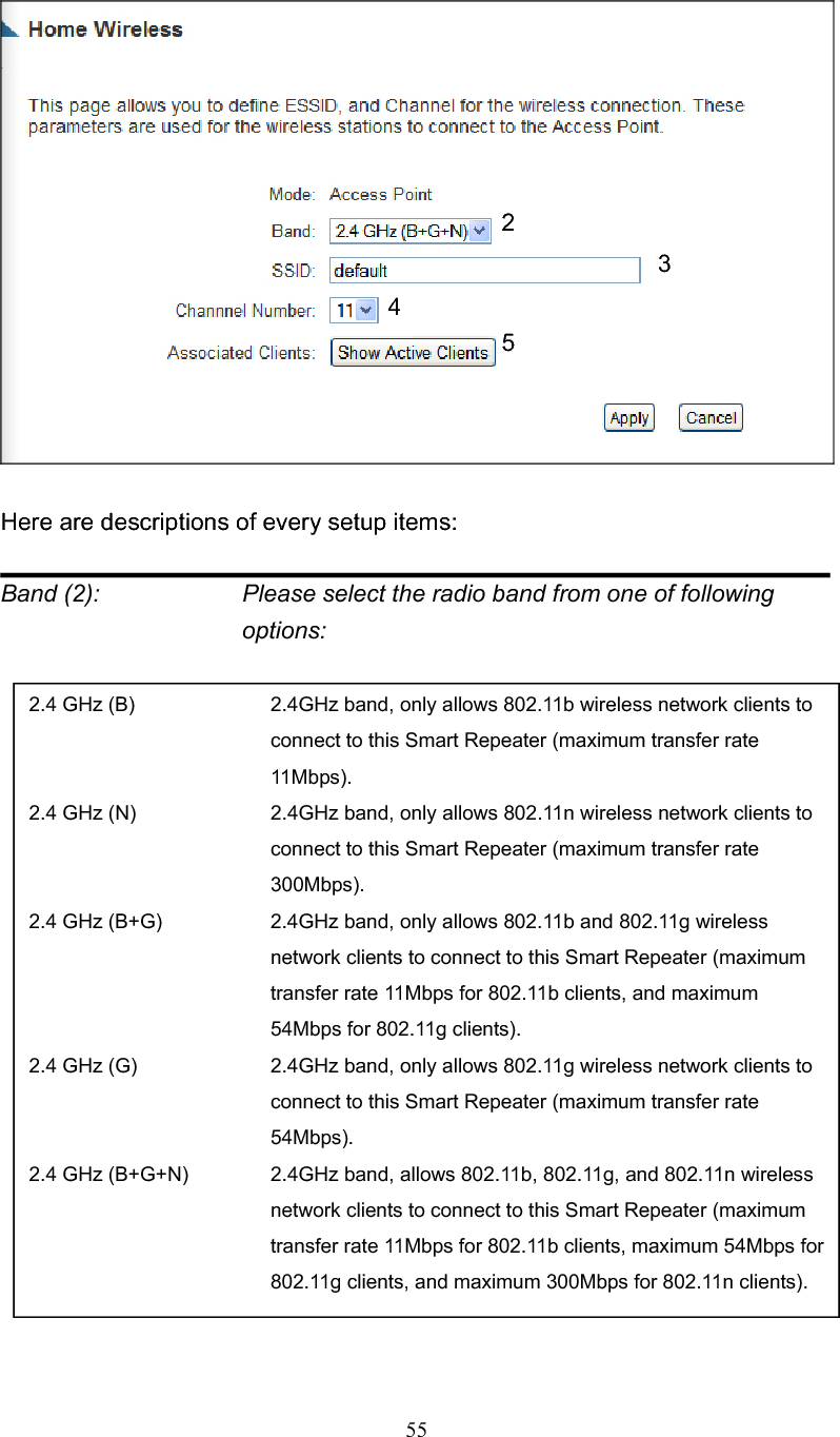 55Here are descriptions of every setup items: Band (2):    Please select the radio band from one of following options: 2342.4 GHz (B)  2.4GHz band, only allows 802.11b wireless network clients to connect to this Smart Repeater (maximum transfer rate 11Mbps). 2.4 GHz (N)  2.4GHz band, only allows 802.11n wireless network clients to connect to this Smart Repeater (maximum transfer rate 300Mbps). 2.4 GHz (B+G)    2.4GHz band, only allows 802.11b and 802.11g wireless network clients to connect to this Smart Repeater (maximum transfer rate 11Mbps for 802.11b clients, and maximum 54Mbps for 802.11g clients). 2.4 GHz (G)    2.4GHz band, only allows 802.11g wireless network clients to connect to this Smart Repeater (maximum transfer rate 54Mbps). 2.4 GHz (B+G+N)    2.4GHz band, allows 802.11b, 802.11g, and 802.11n wireless network clients to connect to this Smart Repeater (maximum transfer rate 11Mbps for 802.11b clients, maximum 54Mbps for 802.11g clients, and maximum 300Mbps for 802.11n clients). 5