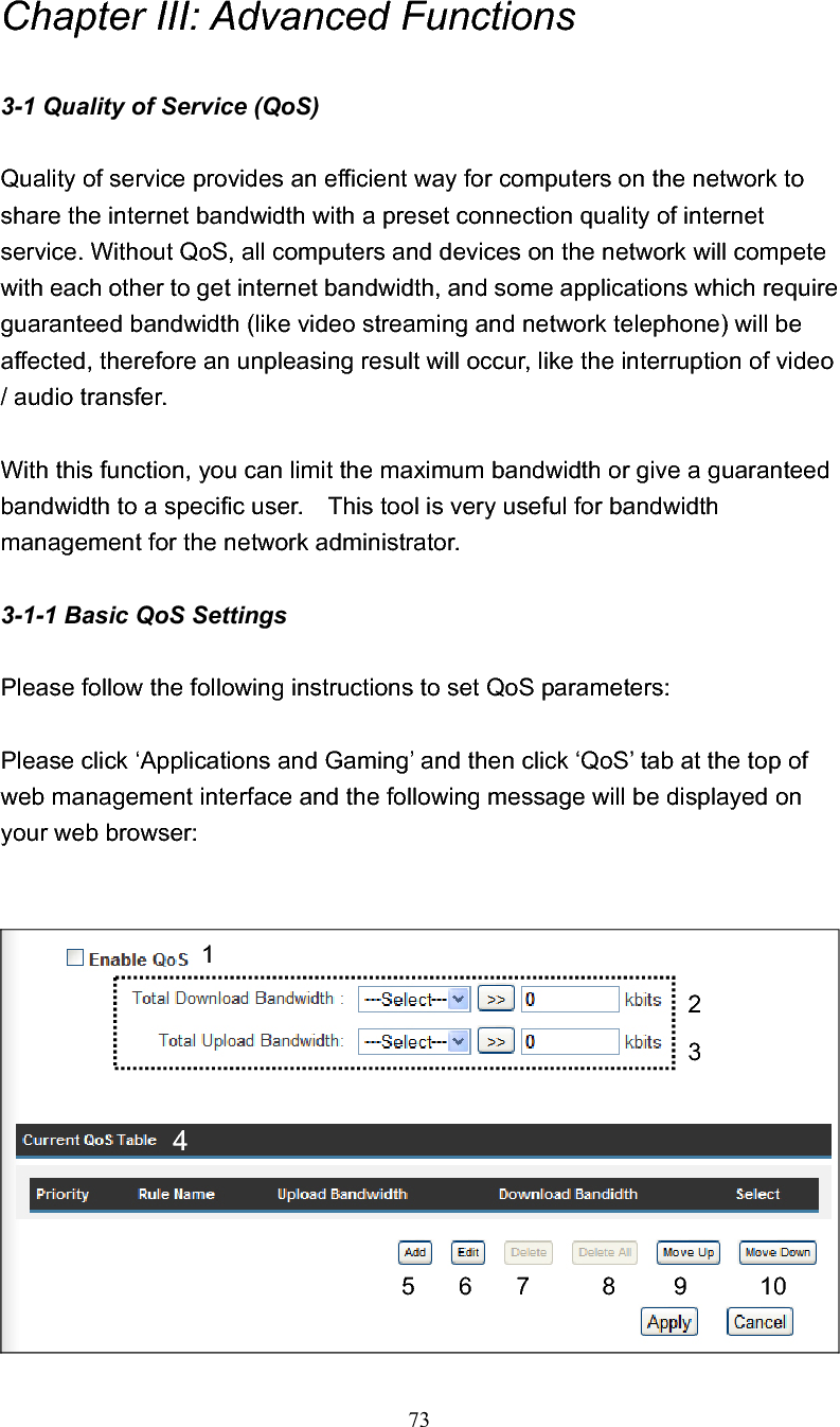 73Chapter III: Advanced Functions 3-1 Quality of Service (QoS) Quality of service provides an efficient way for computers on the network to share the internet bandwidth with a preset connection quality of internet service. Without QoS, all computers and devices on the network will compete with each other to get internet bandwidth, and some applications which require guaranteed bandwidth (like video streaming and network telephone) will be affected, therefore an unpleasing result will occur, like the interruption of video / audio transfer.   With this function, you can limit the maximum bandwidth or give a guaranteed bandwidth to a specific user.    This tool is very useful for bandwidth management for the network administrator. 3-1-1 Basic QoS Settings Please follow the following instructions to set QoS parameters: Please click ‘Applications and Gaming’ and then click ‘QoS’ tab at the top of web management interface and the following message will be displayed on your web browser: 12345 6 7 8 9 10 