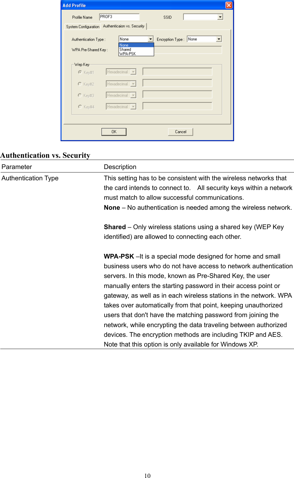  10   Authentication vs. Security Parameter Description Authentication Type  This setting has to be consistent with the wireless networks that the card intends to connect to.   All security keys within a network must match to allow successful communications. None – No authentication is needed among the wireless network. Shared – Only wireless stations using a shared key (WEP Key identified) are allowed to connecting each other.    WPA-PSK –It is a special mode designed for home and small business users who do not have access to network authentication servers. In this mode, known as Pre-Shared Key, the user manually enters the starting password in their access point or gateway, as well as in each wireless stations in the network. WPA takes over automatically from that point, keeping unauthorized users that don&apos;t have the matching password from joining the network, while encrypting the data traveling between authorized devices. The encryption methods are including TKIP and AES. Note that this option is only available for Windows XP.            