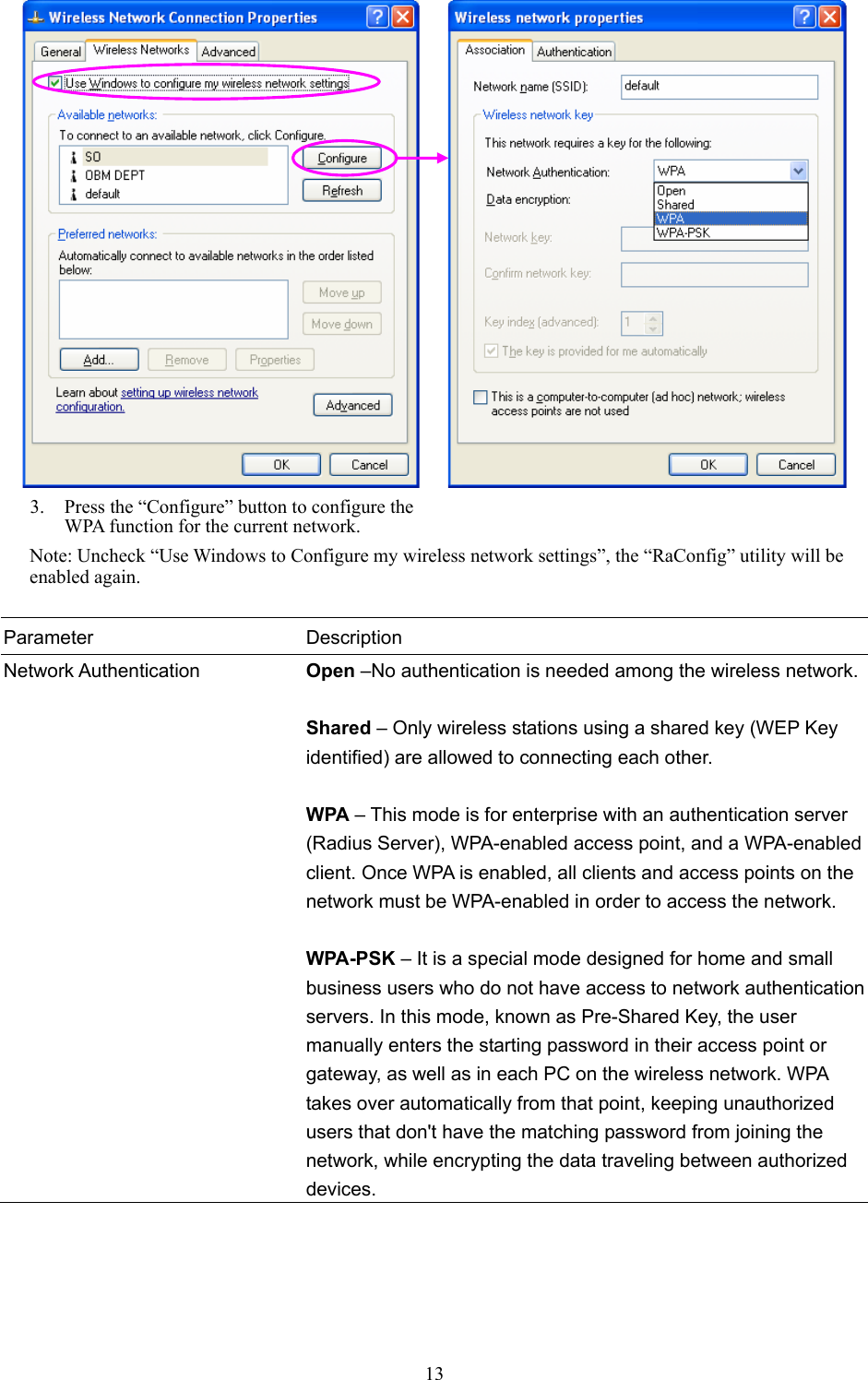  13         Note: Uncheck “Use Windows to Configure my wireless network settings”, the “RaConfig” utility will be enabled again.  Parameter Description Network Authentication  Open –No authentication is needed among the wireless network. Shared – Only wireless stations using a shared key (WEP Key identified) are allowed to connecting each other.  WPA – This mode is for enterprise with an authentication server (Radius Server), WPA-enabled access point, and a WPA-enabled client. Once WPA is enabled, all clients and access points on the network must be WPA-enabled in order to access the network.  WPA-PSK – It is a special mode designed for home and small business users who do not have access to network authentication servers. In this mode, known as Pre-Shared Key, the user manually enters the starting password in their access point or gateway, as well as in each PC on the wireless network. WPA takes over automatically from that point, keeping unauthorized users that don&apos;t have the matching password from joining the network, while encrypting the data traveling between authorized devices.     3. Press the “Configure” button to configure the WPA function for the current network. 