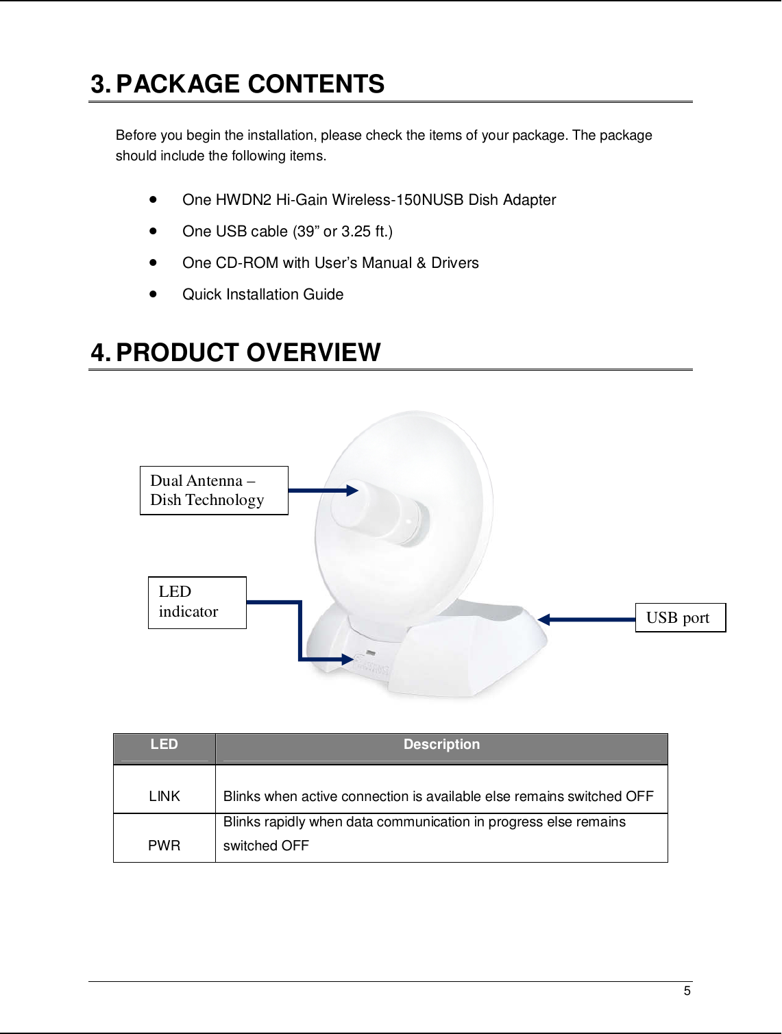   5                                                   3. PACKAGE CONTENTS  Before you begin the installation, please check the items of your package. The package should include the following items.  • One HWDN2 Hi-Gain Wireless-150NUSB Dish Adapter • One USB cable (39” or 3.25 ft.) • One CD-ROM with User’s Manual &amp; Drivers  • Quick Installation Guide  4. PRODUCT OVERVIEW                         LED  Description  LINK  Blinks when active connection is available else remains switched OFF  PWR Blinks rapidly when data communication in progress else remains switched OFF     USB port LED indicator Dual Antenna – Dish Technology 