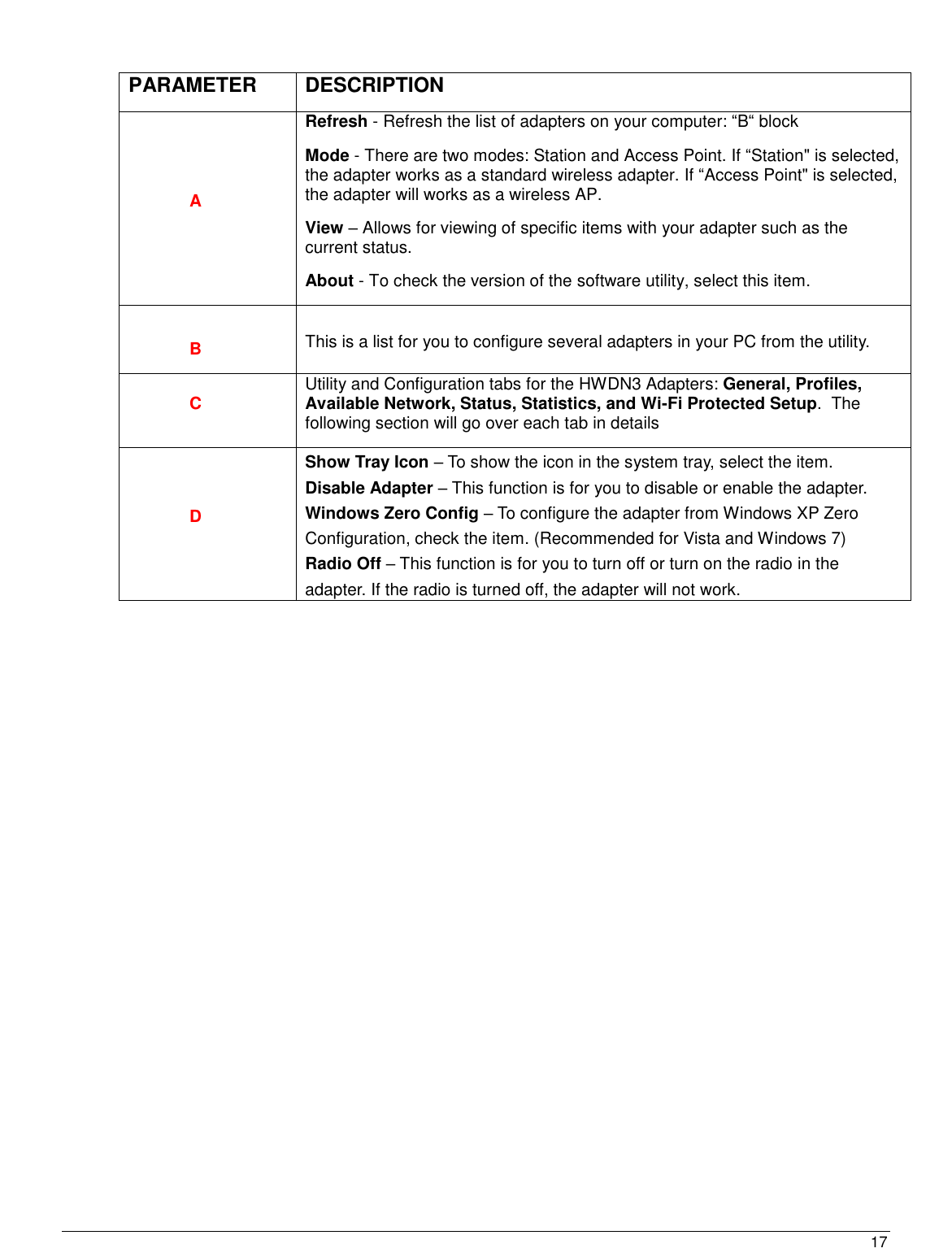  17                                                    PARAMETER DESCRIPTION A Refresh - Refresh the list of adapters on your computer: “B“ block Mode - There are two modes: Station and Access Point. If “Station&quot; is selected, the adapter works as a standard wireless adapter. If “Access Point&quot; is selected, the adapter will works as a wireless AP. View – Allows for viewing of specific items with your adapter such as the current status. About - To check the version of the software utility, select this item.  B This is a list for you to configure several adapters in your PC from the utility. C Utility and Configuration tabs for the HWDN3 Adapters: General, Profiles, Available Network, Status, Statistics, and Wi-Fi Protected Setup.  The following section will go over each tab in details D Show Tray Icon – To show the icon in the system tray, select the item. Disable Adapter – This function is for you to disable or enable the adapter. Windows Zero Config – To configure the adapter from Windows XP Zero Configuration, check the item. (Recommended for Vista and Windows 7) Radio Off – This function is for you to turn off or turn on the radio in the adapter. If the radio is turned off, the adapter will not work. 