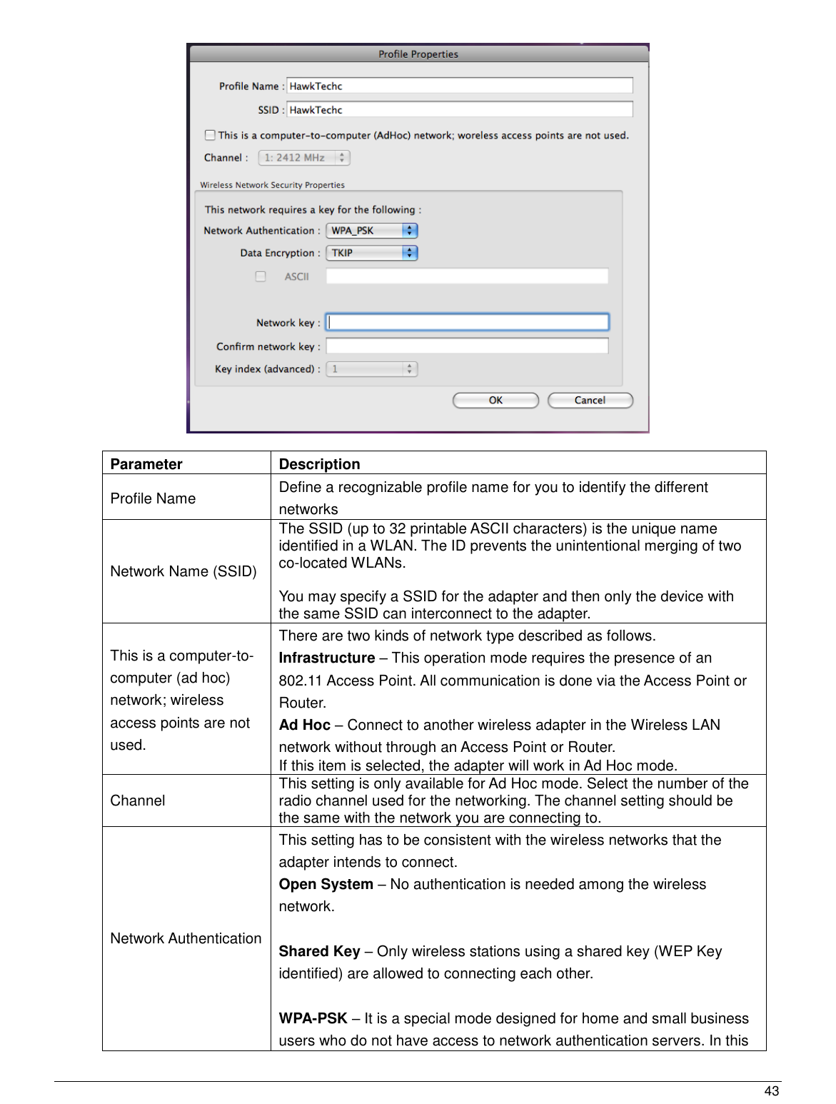  43                                                     Parameter Description Profile Name Define a recognizable profile name for you to identify the different networks Network Name (SSID) The SSID (up to 32 printable ASCII characters) is the unique name identified in a WLAN. The ID prevents the unintentional merging of two co-located WLANs.  You may specify a SSID for the adapter and then only the device with the same SSID can interconnect to the adapter. This is a computer-to-computer (ad hoc) network; wireless access points are not used. There are two kinds of network type described as follows. Infrastructure – This operation mode requires the presence of an 802.11 Access Point. All communication is done via the Access Point or Router.  Ad Hoc – Connect to another wireless adapter in the Wireless LAN network without through an Access Point or Router. If this item is selected, the adapter will work in Ad Hoc mode. Channel This setting is only available for Ad Hoc mode. Select the number of the radio channel used for the networking. The channel setting should be the same with the network you are connecting to. Network Authentication This setting has to be consistent with the wireless networks that the adapter intends to connect. Open System – No authentication is needed among the wireless network.  Shared Key – Only wireless stations using a shared key (WEP Key identified) are allowed to connecting each other.   WPA-PSK – It is a special mode designed for home and small business users who do not have access to network authentication servers. In this 