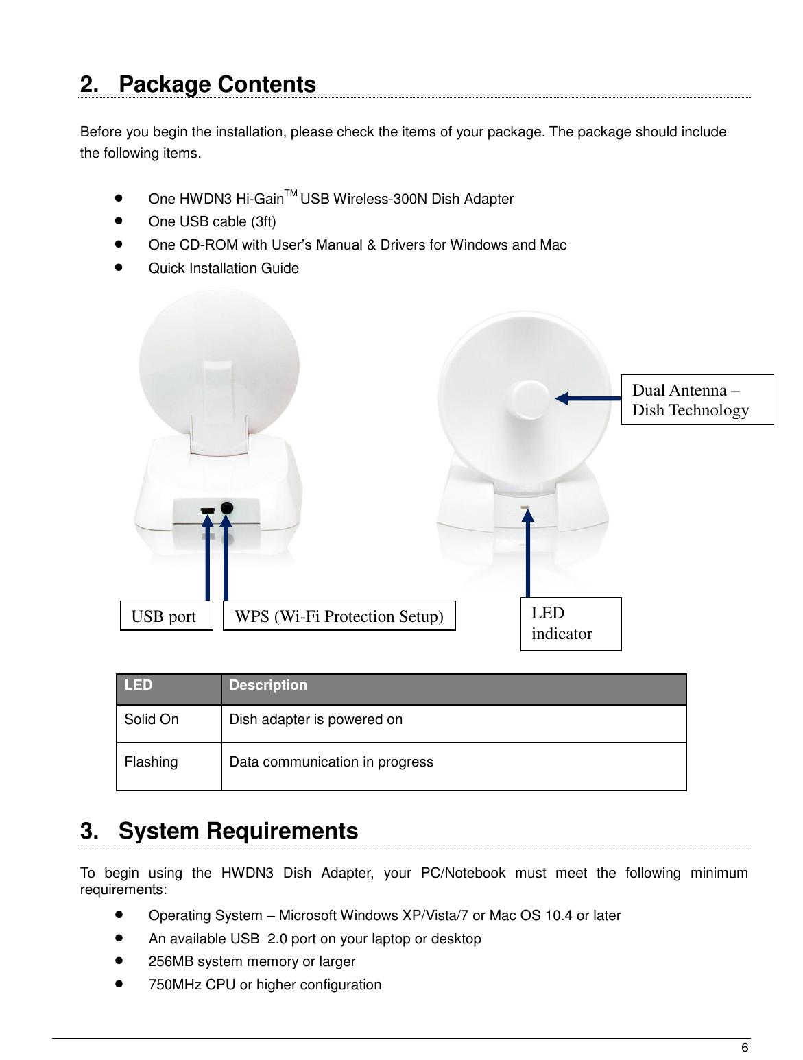  6                                                    2.  Package Contents  Before you begin the installation, please check the items of your package. The package should include the following items.   One HWDN3 Hi-GainTM USB Wireless-300N Dish Adapter  One USB cable (3ft)  One CD-ROM with User‟s Manual &amp; Drivers for Windows and Mac   Quick Installation Guide                               LED Description Solid On Dish adapter is powered on Flashing Data communication in progress  3.  System Requirements  To  begin  using  the  HWDN3  Dish  Adapter,  your  PC/Notebook  must  meet  the  following  minimum requirements:  Operating System – Microsoft Windows XP/Vista/7 or Mac OS 10.4 or later  An available USB  2.0 port on your laptop or desktop  256MB system memory or larger  750MHz CPU or higher configuration  USB port Dual Antenna – Dish Technology LED indicator WPS (Wi-Fi Protection Setup) 