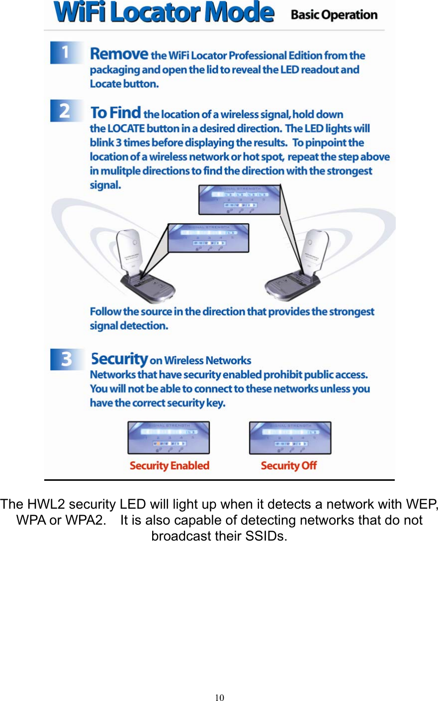  10   The HWL2 security LED will light up when it detects a network with WEP, WPA or WPA2.    It is also capable of detecting networks that do not broadcast their SSIDs.         