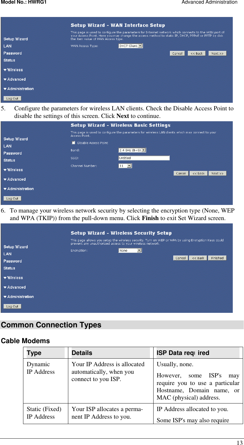 Model No.: HWRG1                                                                                                Advanced Administration 13  5.  Configure the parameters for wireless LAN clients. Check the Disable Access Point to disable the settings of this screen. Click Next to continue.    6.  To manage your wireless network security by selecting the encryption type (None, WEP and WPA (TKIP)) from the pull-down menu. Click Finish to exit Set Wizard screen.  Common Connection Types Cable Modems Type  Details  ISP Data required Dynamic IP Address  Your IP Address is allocated automatically, when you connect to you ISP. Usually, none.  However, some ISP&apos;s may require you to use a particular Hostname, Domain name, or MAC (physical) address. Static (Fixed) IP Address  Your ISP allocates a perma-nent IP Address to you.  IP Address allocated to you. Some ISP&apos;s may also require 