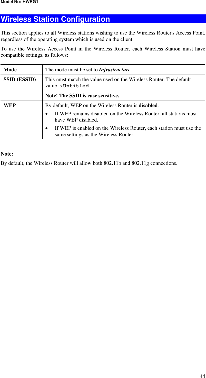 Model No: HWRG1 44 Wireless Station Configuration This section applies to all Wireless stations wishing to use the Wireless Router&apos;s Access Point, regardless of the operating system which is used on the client. To use the Wireless Access Point in the Wireless Router, each Wireless Station must have compatible settings, as follows: Mode   The mode must be set to Infrastructure. SSID (ESSID)  This must match the value used on the Wireless Router. The default value is Untitled  Note! The SSID is case sensitive. WEP  By default, WEP on the Wireless Router is disabled. •  If WEP remains disabled on the Wireless Router, all stations must have WEP disabled. •  If WEP is enabled on the Wireless Router, each station must use the same settings as the Wireless Router.  Note: By default, the Wireless Router will allow both 802.11b and 802.11g connections.