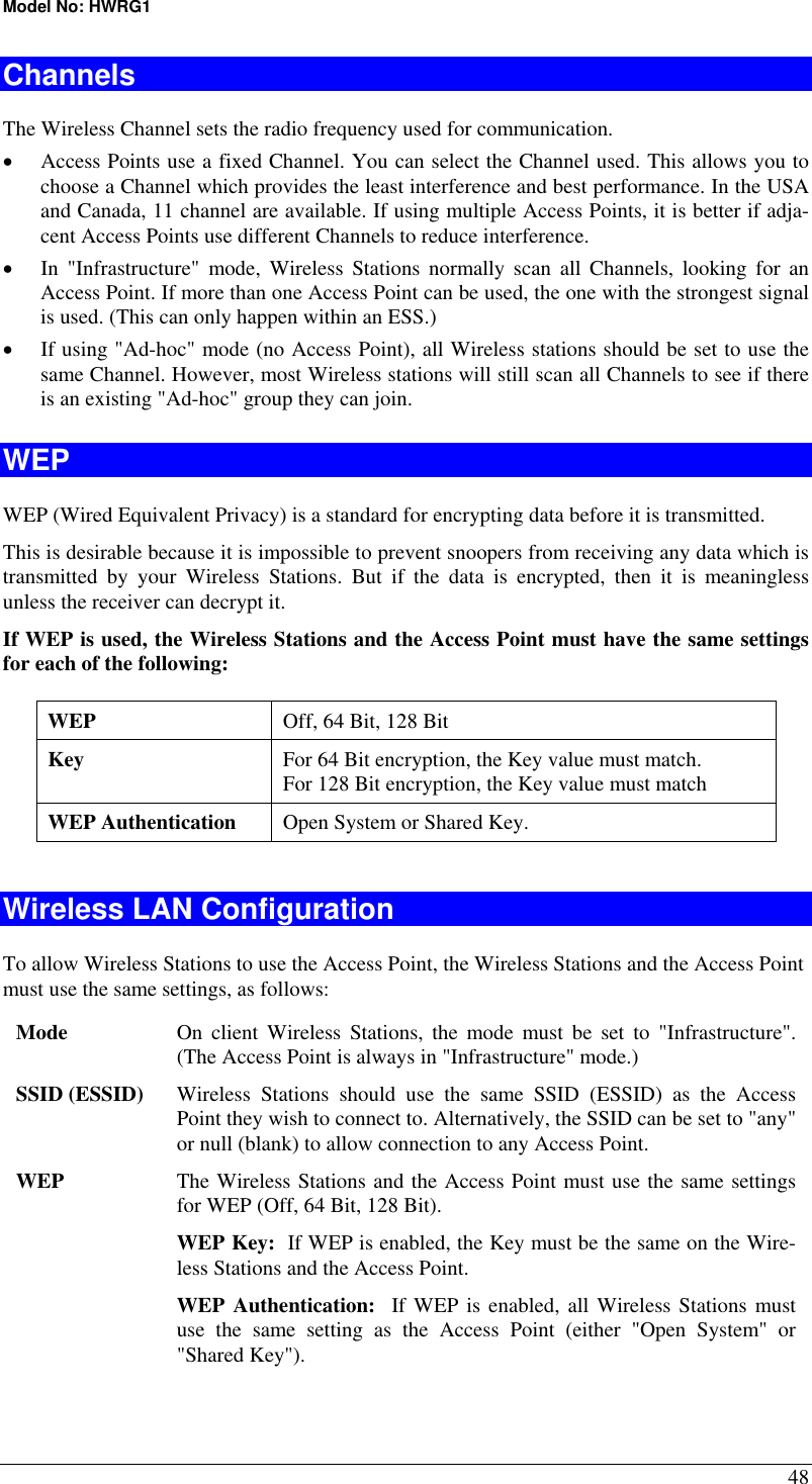 Model No: HWRG1 48 Channels The Wireless Channel sets the radio frequency used for communication.  •  Access Points use a fixed Channel. You can select the Channel used. This allows you to choose a Channel which provides the least interference and best performance. In the USA and Canada, 11 channel are available. If using multiple Access Points, it is better if adja-cent Access Points use different Channels to reduce interference. •  In &quot;Infrastructure&quot; mode, Wireless Stations normally scan all Channels, looking for an Access Point. If more than one Access Point can be used, the one with the strongest signal is used. (This can only happen within an ESS.) •  If using &quot;Ad-hoc&quot; mode (no Access Point), all Wireless stations should be set to use the same Channel. However, most Wireless stations will still scan all Channels to see if there is an existing &quot;Ad-hoc&quot; group they can join. WEP WEP (Wired Equivalent Privacy) is a standard for encrypting data before it is transmitted.  This is desirable because it is impossible to prevent snoopers from receiving any data which is transmitted by your Wireless Stations. But if the data is encrypted, then it is meaningless unless the receiver can decrypt it. If WEP is used, the Wireless Stations and the Access Point must have the same settings for each of the following: WEP  Off, 64 Bit, 128 Bit Key  For 64 Bit encryption, the Key value must match.  For 128 Bit encryption, the Key value must match WEP Authentication  Open System or Shared Key.  Wireless LAN Configuration To allow Wireless Stations to use the Access Point, the Wireless Stations and the Access Point must use the same settings, as follows: Mode  On client Wireless Stations, the mode must be set to &quot;Infrastructure&quot;. (The Access Point is always in &quot;Infrastructure&quot; mode.) SSID (ESSID)  Wireless Stations should use the same SSID (ESSID) as the Access Point they wish to connect to. Alternatively, the SSID can be set to &quot;any&quot; or null (blank) to allow connection to any Access Point. WEP  The Wireless Stations and the Access Point must use the same settings for WEP (Off, 64 Bit, 128 Bit). WEP Key:  If WEP is enabled, the Key must be the same on the Wire-less Stations and the Access Point. WEP Authentication:  If WEP is enabled, all Wireless Stations must use the same setting as the Access Point (either &quot;Open System&quot; or &quot;Shared Key&quot;).  