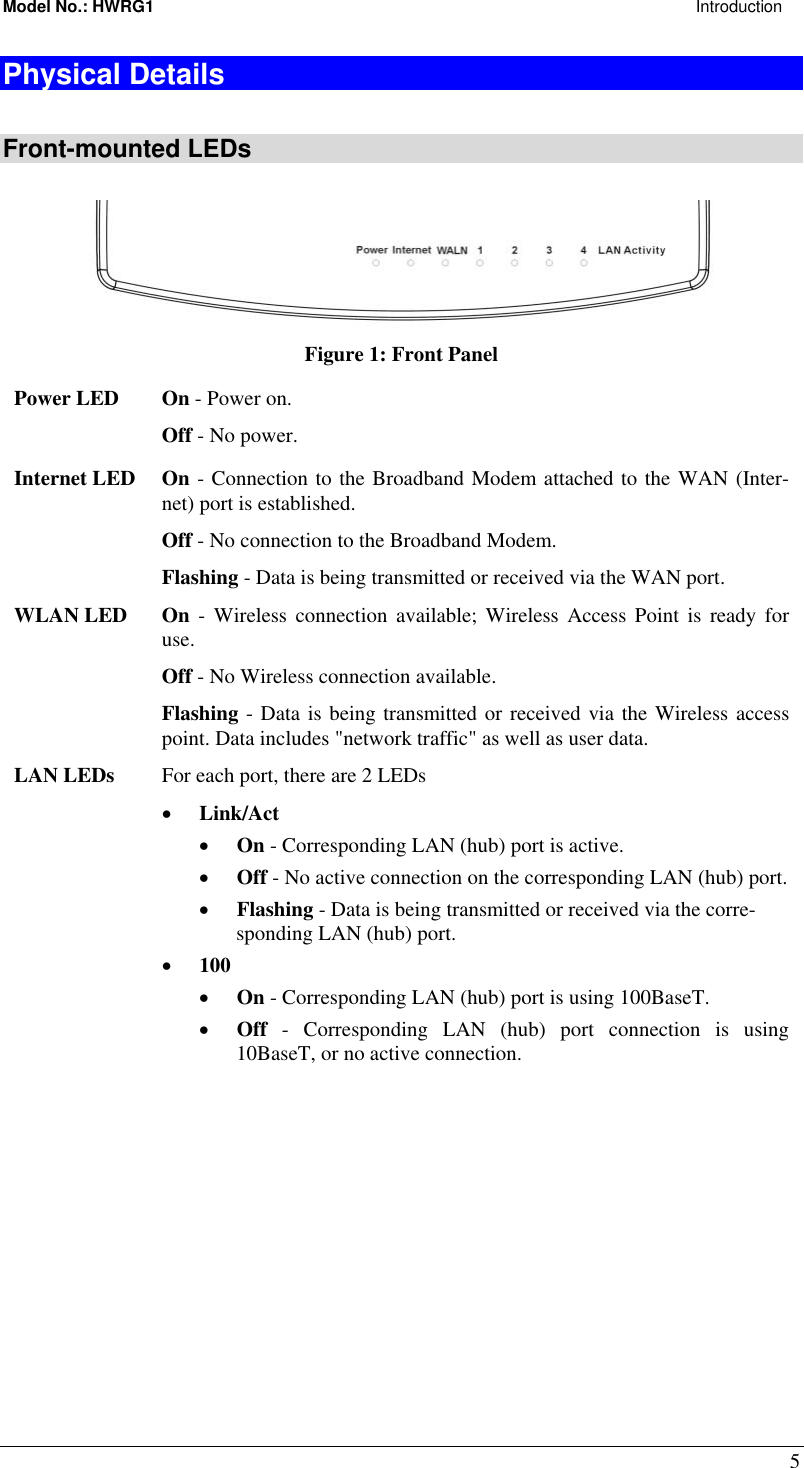 Model No.: HWRG1                                                                                                                     Introduction 5 Physical Details  Front-mounted LEDs  Figure 1: Front Panel Power LED  On - Power on. Off - No power. Internet LED On - Connection to the Broadband Modem attached to the WAN (Inter-net) port is established.  Off - No connection to the Broadband Modem. Flashing - Data is being transmitted or received via the WAN port. WLAN LED  On - Wireless connection available; Wireless Access Point is ready for use. Off - No Wireless connection available. Flashing - Data is being transmitted or received via the Wireless access point. Data includes &quot;network traffic&quot; as well as user data. LAN LEDs  For each port, there are 2 LEDs •  Link/Act •  On - Corresponding LAN (hub) port is active. •  Off - No active connection on the corresponding LAN (hub) port. •  Flashing - Data is being transmitted or received via the corre-sponding LAN (hub) port. •  100 •  On - Corresponding LAN (hub) port is using 100BaseT. •  Off - Corresponding LAN (hub) port connection is using 10BaseT, or no active connection.  