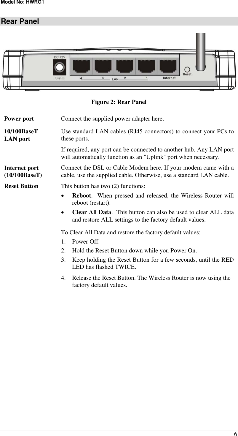 Model No: HWRG1 6 Rear Panel  Figure 2: Rear Panel Power port  Connect the supplied power adapter here. 10/100BaseT LAN port  Use standard LAN cables (RJ45 connectors) to connect your PCs to these ports. If required, any port can be connected to another hub. Any LAN port will automatically function as an &quot;Uplink&quot; port when necessary. Internet port (10/100BaseT)  Connect the DSL or Cable Modem here. If your modem came with a cable, use the supplied cable. Otherwise, use a standard LAN cable. Reset Button  This button has two (2) functions: •  Reboot.  When pressed and released, the Wireless Router will reboot (restart). •  Clear All Data.  This button can also be used to clear ALL data and restore ALL settings to the factory default values. To Clear All Data and restore the factory default values: 1. Power Off. 2.  Hold the Reset Button down while you Power On. 3.  Keep holding the Reset Button for a few seconds, until the RED LED has flashed TWICE. 4.  Release the Reset Button. The Wireless Router is now using the factory default values.   