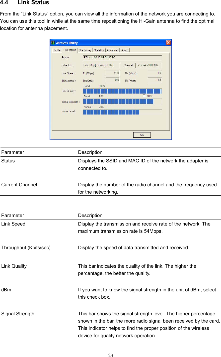  23 4.4 Link Status From the “Link Status” option, you can view all the information of the network you are connecting to.   You can use this tool in while at the same time repositioning the Hi-Gain antenna to find the optimal location for antenna placement.        Parameter Description Status  Displays the SSID and MAC ID of the network the adapter is connected to.   Current Channel  Display the number of the radio channel and the frequency used for the networking.   Parameter Description Link Speed  Display the transmission and receive rate of the network. The maximum transmission rate is 54Mbps.   Throughput (Kbits/sec)  Display the speed of data transmitted and received.   Link Quality  This bar indicates the quality of the link. The higher the percentage, the better the quality.   dBm  If you want to know the signal strength in the unit of dBm, select this check box.   Signal Strength  This bar shows the signal strength level. The higher percentage shown in the bar, the more radio signal been received by the card. This indicator helps to find the proper position of the wireless device for quality network operation.   