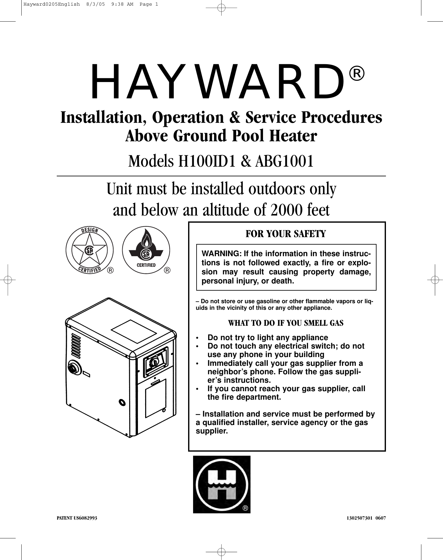 Page 1 of 8 - Hayward-Pools Hayward-Pools-Abg1001-Users-Manual- Hayward - Installation, Operation & Service Procedures Above Ground Pool Heater  Hayward-pools-abg1001-users-manual