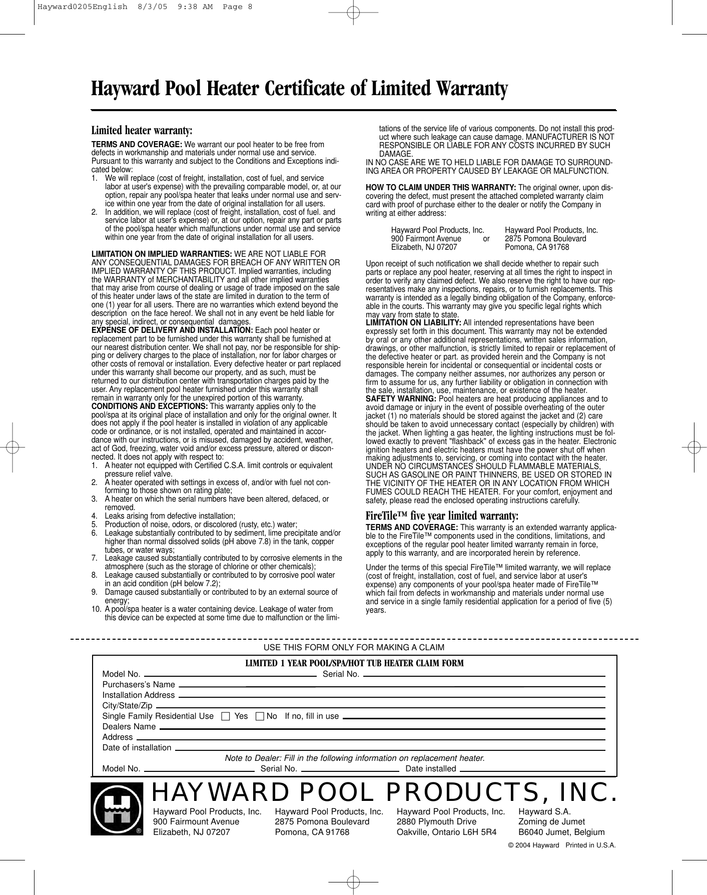 Page 8 of 8 - Hayward-Pools Hayward-Pools-Abg1001-Users-Manual- Hayward - Installation, Operation & Service Procedures Above Ground Pool Heater  Hayward-pools-abg1001-users-manual