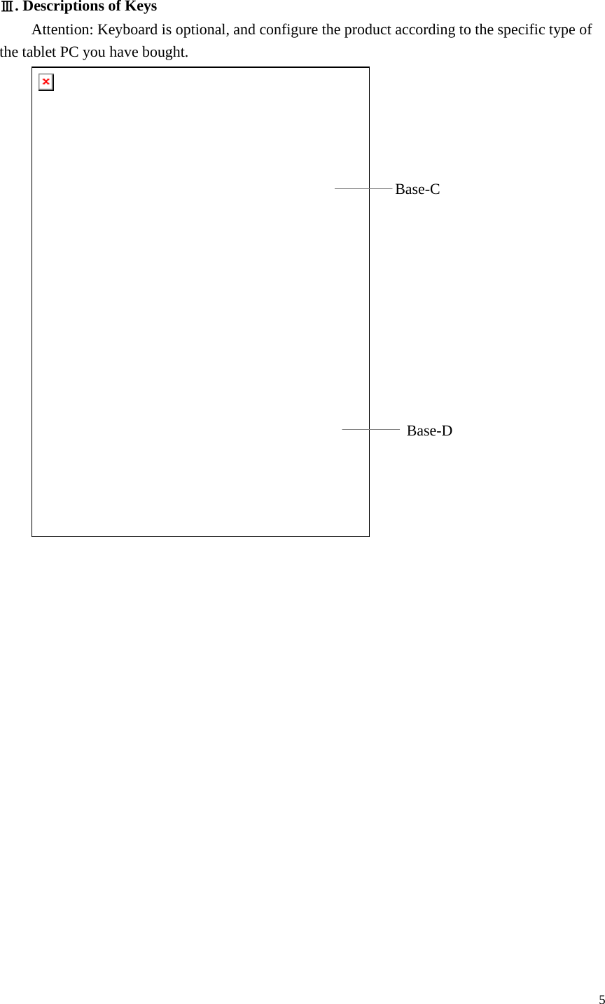  5   Ⅲ. Descriptions of Keys Attention: Keyboard is optional, and configure the product according to the specific type of the tablet PC you have bought.                       Base-C Base-D 