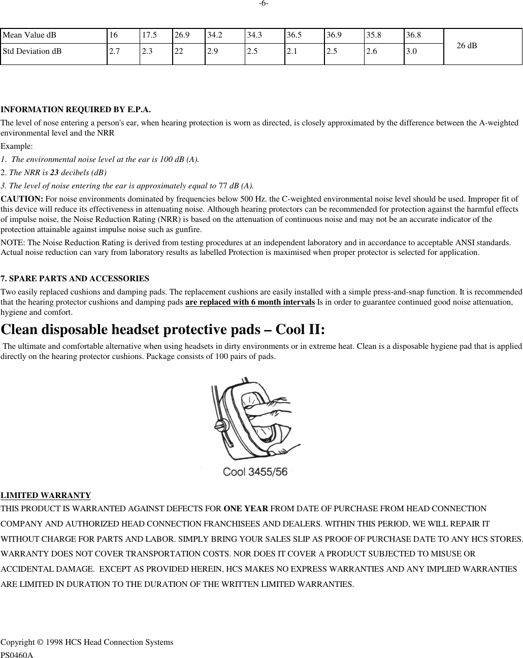 -6-Mean Value dB 16 17.5 26.9 34.2 34.3 36.5 36.9 35.8 36.8Std Deviation dB 2.7 2.3 22 2.9 2.5 2.1 2.5 2.6 3.0      26 dBINFORMATION REQUIRED BY E.P.A.The level of nose entering a person&apos;s ear, when hearing protection is worn as directed, is closely approximated by the difference between the A-weightedenvironmental level and the NRRExample:1.  The environmental noise level at the ear is 100 dB (A).2. The NRR is 23 decibels (dB)3. The level of noise entering the ear is approximately equal to 77 dB (A).CAUTION: For noise environments dominated by frequencies below 500 Hz. the C-weighted environmental noise level should be used. Improper fit ofthis device will reduce its effectiveness in attenuating noise. Although hearing protectors can be recommended for protection against the harmful effectsof impulse noise, the Noise Reduction Rating (NRR) is based on the attenuation of continuous noise and may not be an accurate indicator of theprotection attainable against impulse noise such as gunfire.NOTE: The Noise Reduction Rating is derived from testing procedures at an independent laboratory and in accordance to acceptable ANSI standards.Actual noise reduction can vary from laboratory results as labelled Protection is maximised when proper protector is selected for application.7. SPARE PARTS AND ACCESSORIESTwo easily replaced cushions and damping pads. The replacement cushions are easily installed with a simple press-and-snap function. It is recommendedthat the hearing protector cushions and damping pads are replaced with 6 month intervals Is in order to guarantee continued good noise attenuation,hygiene and comfort.Clean disposable headset protective pads – Cool II: The ultimate and comfortable alternative when using headsets in dirty environments or in extreme heat. Clean is a disposable hygiene pad that is applieddirectly on the hearing protector cushions. Package consists of 100 pairs of pads.LIMITED WARRANTYTHIS PRODUCT IS WARRANTED AGAINST DEFECTS FOR ONE YEAR FROM DATE OF PURCHASE FROM HEAD CONNECTIONCOMPANY AND AUTHORIZED HEAD CONNECTION FRANCHISEES AND DEALERS. WITHIN THIS PERIOD, WE WILL REPAIR ITWITHOUT CHARGE FOR PARTS AND LABOR. SIMPLY BRING YOUR SALES SLIP AS PROOF OF PURCHASE DATE TO ANY HCS STORES.WARRANTY DOES NOT COVER TRANSPORTATION COSTS. NOR DOES IT COVER A PRODUCT SUBJECTED TO MISUSE ORACCIDENTAL DAMAGE.  EXCEPT AS PROVIDED HEREIN, HCS MAKES NO EXPRESS WARRANTIES AND ANY IMPLIED WARRANTIESARE LIMITED IN DURATION TO THE DURATION OF THE WRITTEN LIMITED WARRANTIES.Copyright © 1998 HCS Head Connection SystemsPS0460A