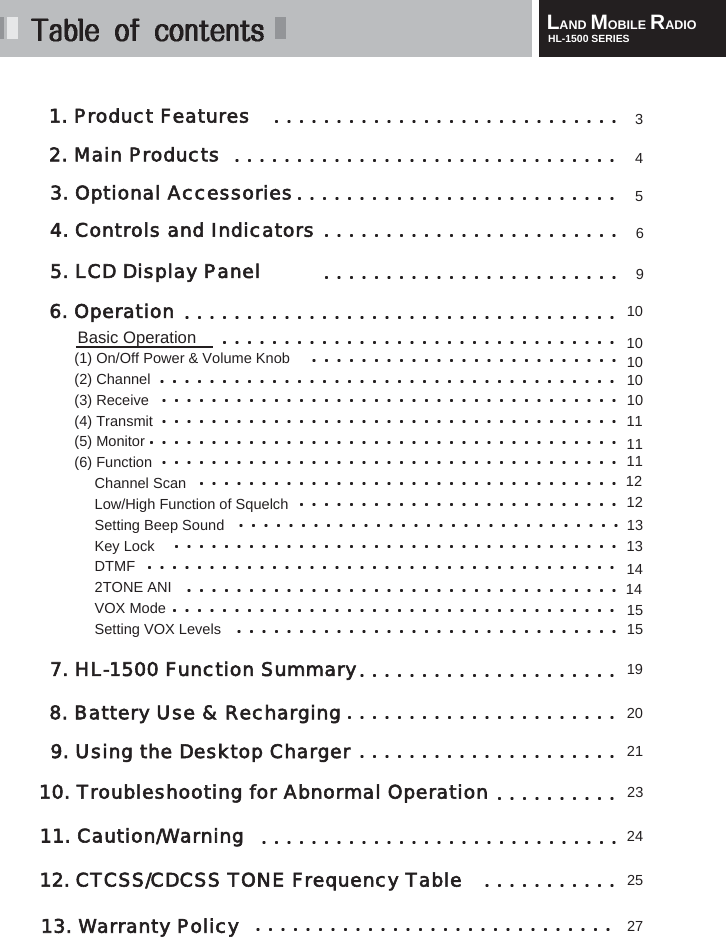 LAND MOBILE RADIOHL-1500 SERIES1. Product Features2. Main Products3. Optional Accessories6. Operation4. Controls and IndicatorsBasic Operation(1) On/Off Power &amp; Volume Knob(2) Channel(3) Receive(4) Transmit(5) Monitor(6) FunctionChannel ScanLow/High Function of SquelchSetting Beep SoundKey LockDTMF2TONE ANIVOX ModeSetting VOX Levels 7. HL-1500 Function Summary8. Battery Use &amp; Recharging9. Using the Desktop Charger10. Troubleshooting for Abnormal Operation11. Caution/Warning12. CTCSS/CDCSS TONE Frequency Table3413. Warranty Policy56101010101011111112131314151519202123242527145. LCD Display Panel912