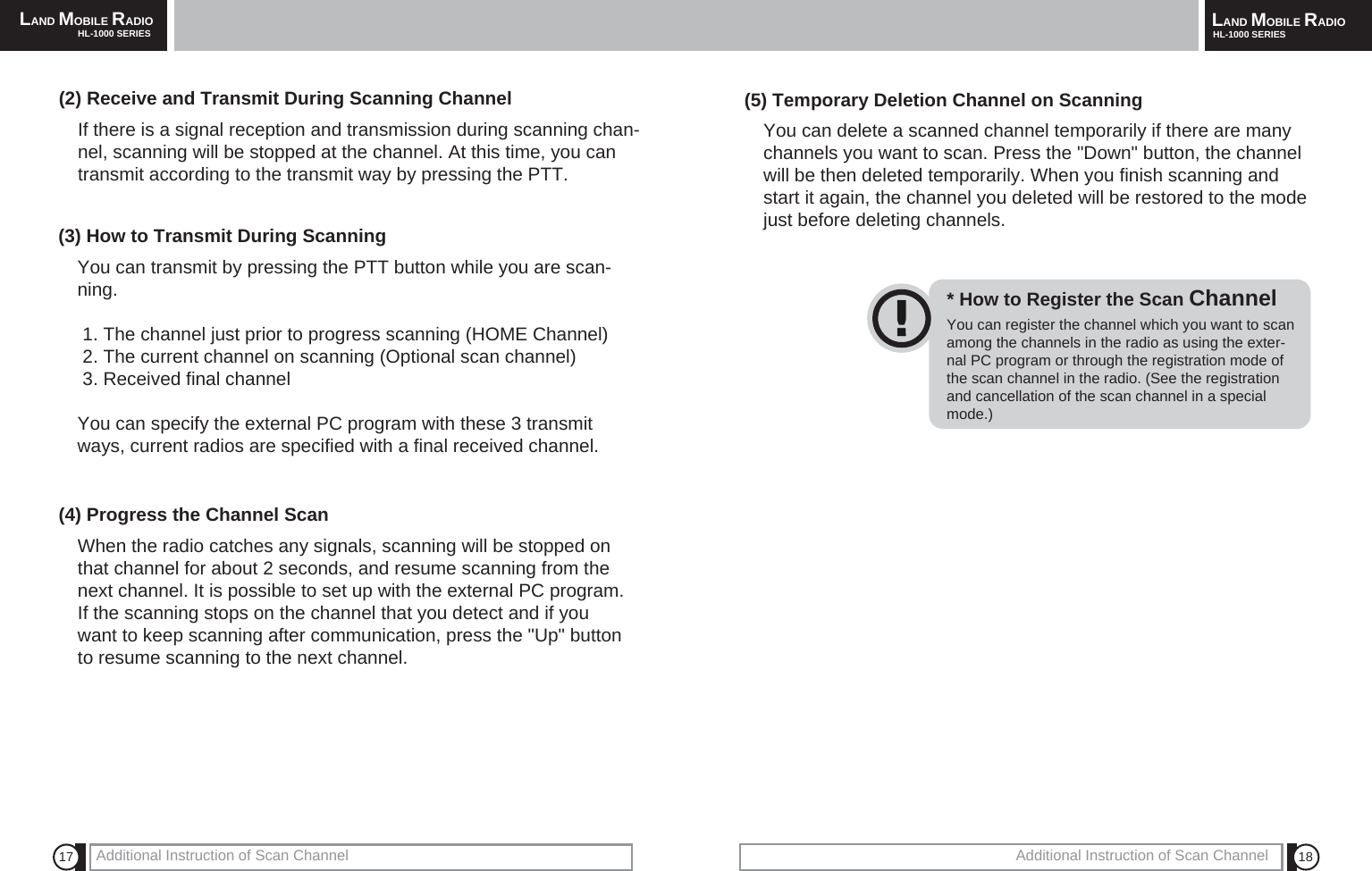 18Additional Instruction of Scan ChannelLAND MOBILE RADIOHL-1000 SERIES17 Additional Instruction of Scan ChannelLAND MOBILE RADIOHL-1000 SERIES(2) Receive and Transmit During Scanning ChannelIf there is a signal reception and transmission during scanning chan-nel, scanning will be stopped at the channel. At this time, you cantransmit according to the transmit way by pressing the PTT.(3) How to Transmit During ScanningYou can transmit by pressing the PTT button while you are scan-ning.1. The channel just prior to progress scanning (HOME Channel)2. The current channel on scanning (Optional scan channel)3. Received final channelYou can specify the external PC program with these 3 transmitways, current radios are specified with a final received channel.(4) Progress the Channel ScanWhen the radio catches any signals, scanning will be stopped onthat channel for about 2 seconds, and resume scanning from thenext channel. It is possible to set up with the external PC program.If the scanning stops on the channel that you detect and if youwant to keep scanning after communication, press the "Up" buttonto resume scanning to the next channel.(5) Temporary Deletion Channel on ScanningYou can delete a scanned channel temporarily if there are manychannels you want to scan. Press the "Down" button, the channelwill be then deleted temporarily. When you finish scanning andstart it again, the channel you deleted will be restored to the modejust before deleting channels.You can register the channel which you want to scanamong the channels in the radio as using the exter-nal PC program or through the registration mode ofthe scan channel in the radio. (See the registrationand cancellation of the scan channel in a specialmode.)* How to Register the Scan Channel