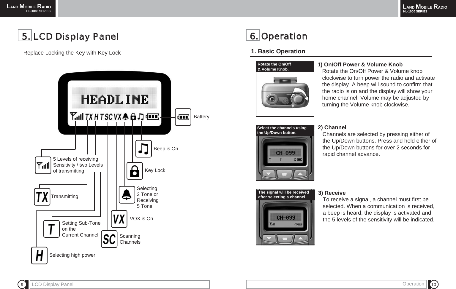 LAND MOBILE RADIOHL-1000 SERIES LAND MOBILE RADIOHL-1000 SERIESOperation 10966..  OOppeerraattiioonn1. Basic OperationLCD Display PanelRotate the On/Off &amp; Volume Knob.Select the channels using the Up/Down button. The signal will be receivedafter selecting a channel.Battery 55..  LLCCDD  DDiissppllaayy  PPaanneellReplace Locking the Key with Key Lock3) Receive To receive a signal, a channel must first be selected. When a communication is received,     a beep is heard, the display is activated and the 5 levels of the sensitivity will be indicated. 1) On/Off Power &amp; Volume KnobRotate the On/Off Power &amp; Volume knob        clockwise to turn power the radio and activate the display. A beep will sound to confirm that the radio is on and the display will show your home channel. Volume may be adjusted by turning the Volume knob clockwise.2) ChannelChannels are selected by pressing either of the Up/Down buttons. Press and hold either of the Up/Down buttons for over 2 seconds for rapid channel advance.Beep is OnKey LockSelecting2 Tone orReceiving 5 Tone 5 Levels of receivingSensitivity / two Levelsof transmittingTransmittingScanning ChannelsSetting Sub-Tone on theCurrent Channel VOX is OnSelecting high power