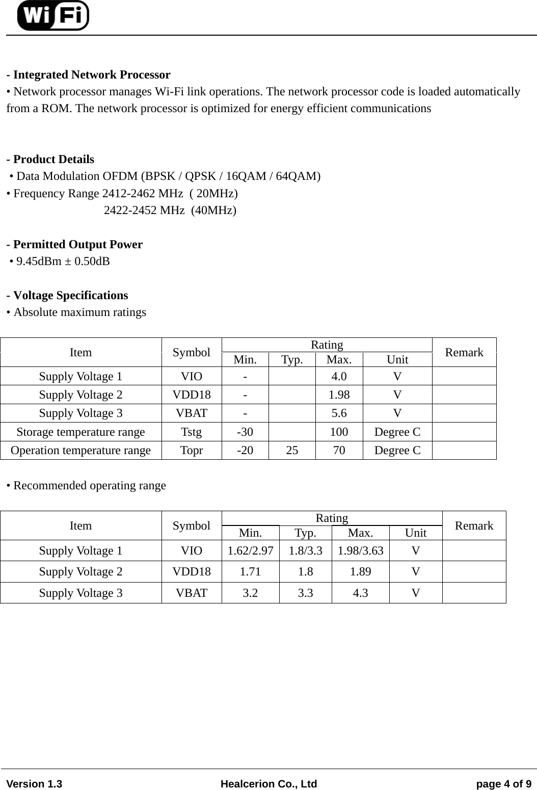                                                                                                                                        Version 1.3  Healcerion Co., Ltd  page 4 of 9     - Integrated Network Processor &bull; Network processor manages Wi-Fi link operations. The network processor code is loaded automatically from a ROM. The network processor is optimized for energy efficient communications   - Product Details  &bull; Data Modulation OFDM (BPSK / QPSK / 16QAM / 64QAM) &bull; Frequency Range 2412-2462 MHz  ( 20MHz)                                 2422-2452 MHz  (40MHz)  - Permitted Output Power  &bull; 9.45dBm &plusmn; 0.50dB  - Voltage Specifications &bull; Absolute maximum ratings  Item Symbol  Rating  Remark Min. Typ. Max.  Unit Supply Voltage 1  VIO  -    4.0  V   Supply Voltage 2  VDD18  -    1.98  V   Supply Voltage 3  VBAT  -    5.6  V   Storage temperature range  Tstg  -30    100  Degree C   Operation temperature range  Topr  -20  25  70  Degree C    &bull; Recommended operating range  Item Symbol  Rating  Remark Min. Typ. Max. Unit Supply Voltage 1  VIO  1.62/2.97 1.8/3.3 1.98/3.63 V   Supply Voltage 2  VDD18  1.71  1.8  1.89  V   Supply Voltage 3  VBAT 3.2 3.3 4.3  V        