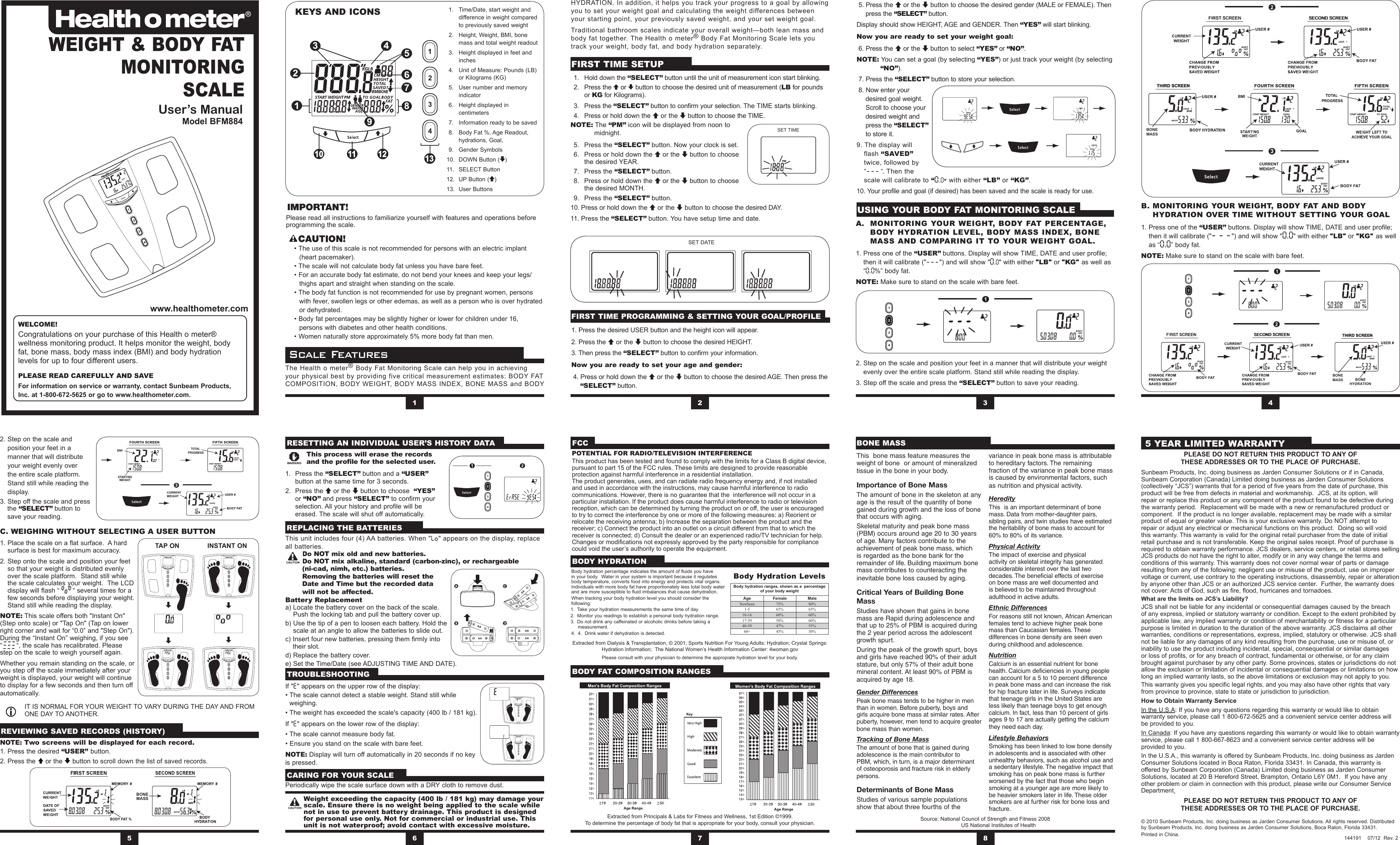 Page 1 of 2 - Health-O-Meter Health-O-Meter-Bfm884Dq1-60-Owner-S-Manual