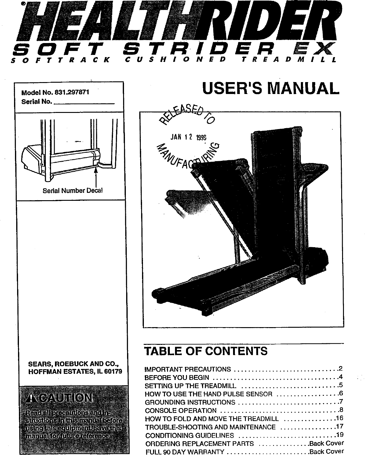 Healthrider Rider Parts Healthrider 831297871 User Manual SOFT STRIDER EX TREADMILL Manuals And ...