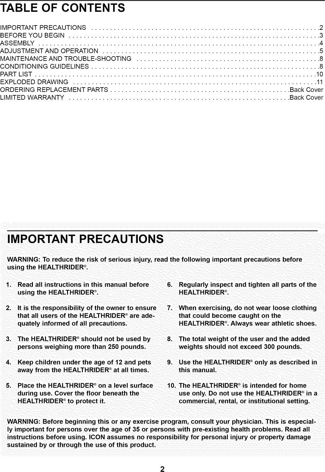 Page 2 of 12 - Healthrider HRCR91081 User Manual  TOTAL BODY FITNESS - Manuals And Guides 1309391L