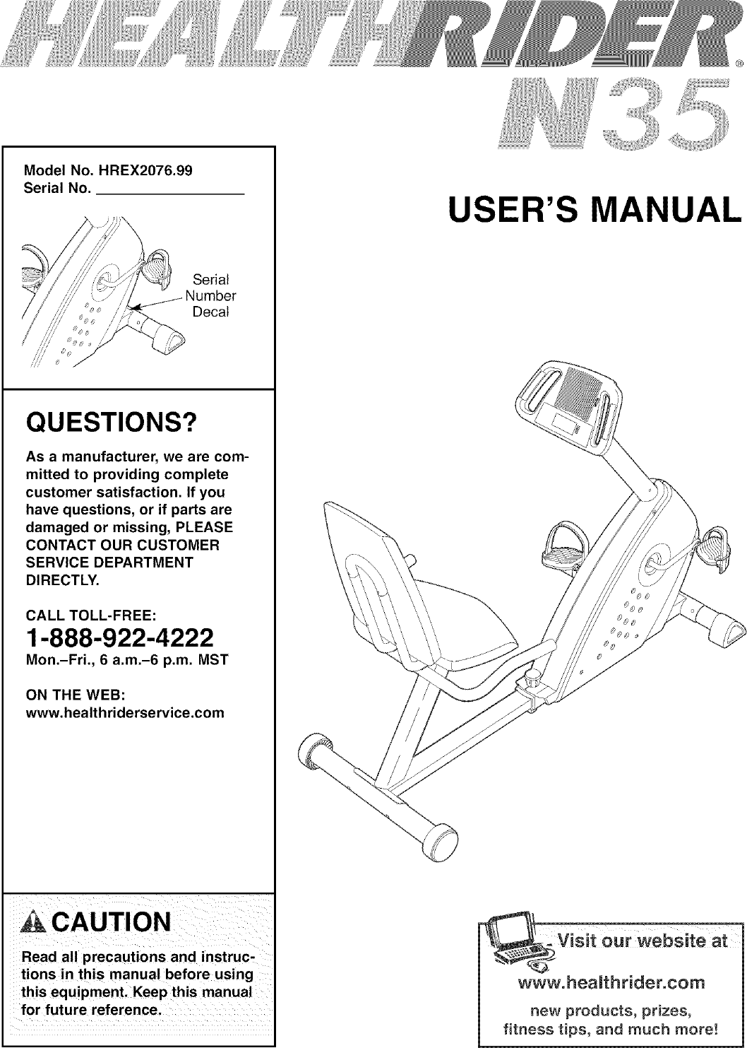 Healthrider N35 Hrex2076 99 Users Manual