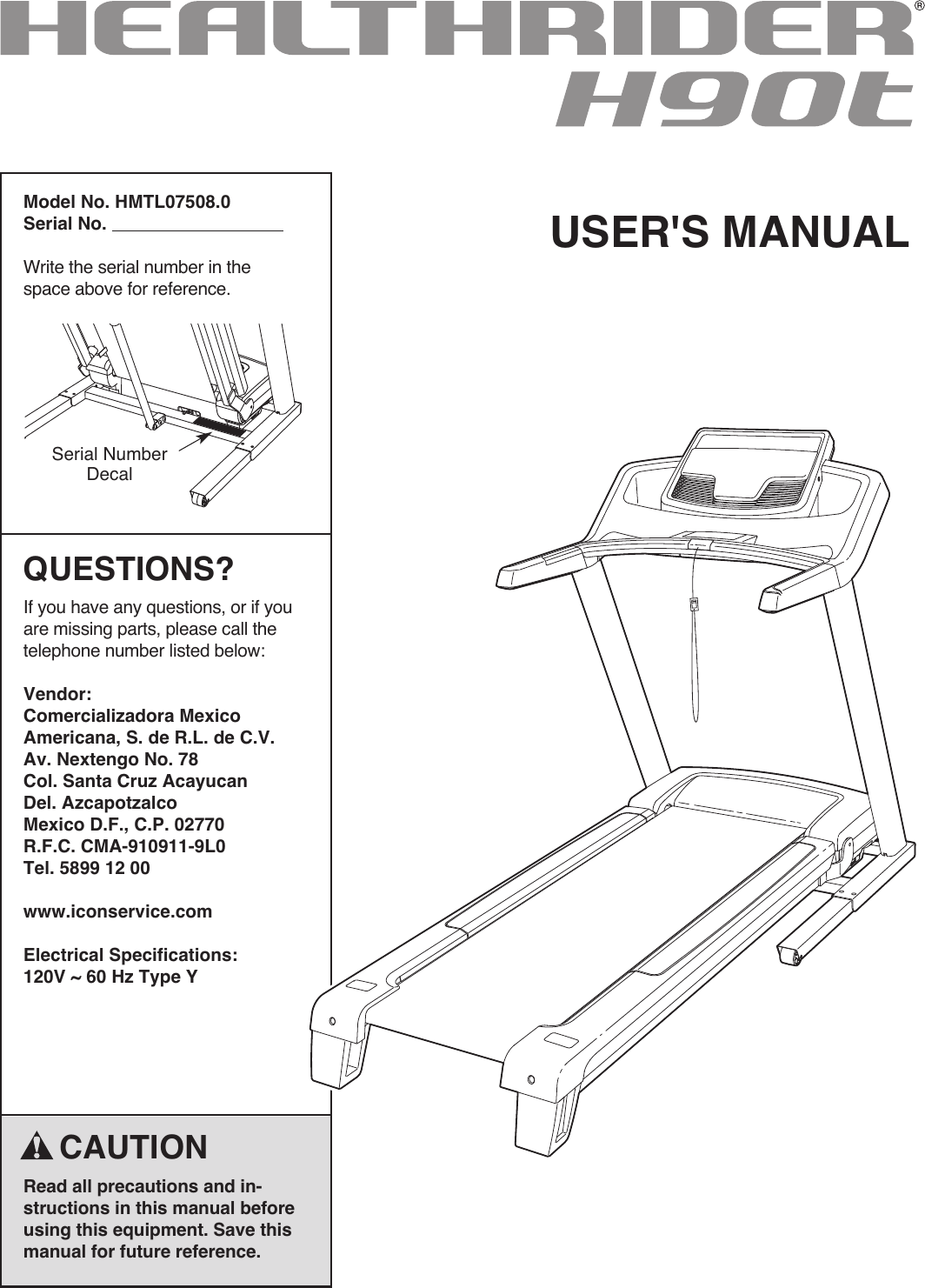 Healthrider Treadmill H90T Users Manual NTL10850 214878