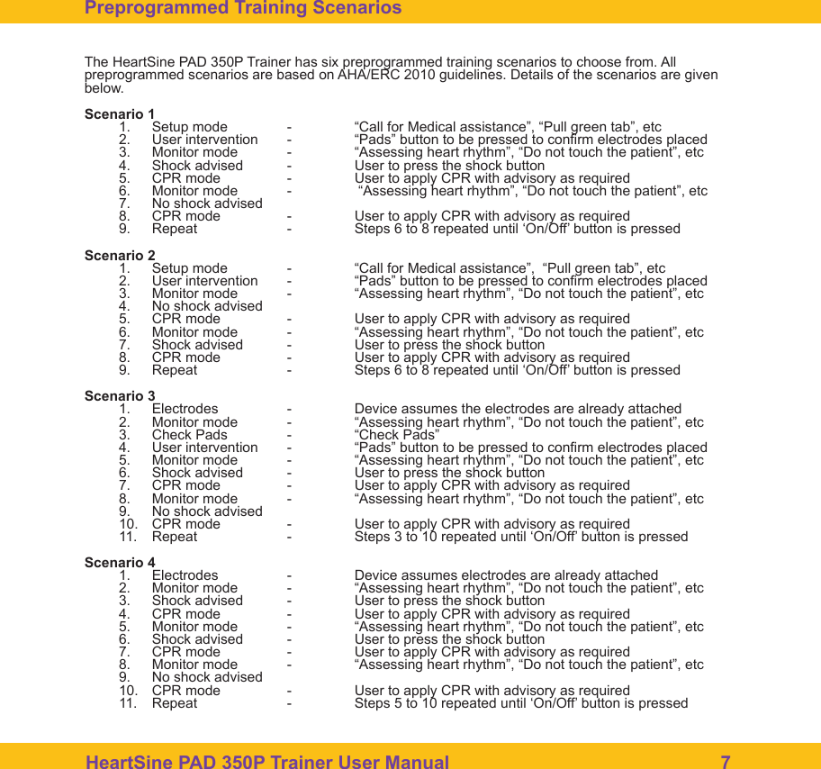HeartSine PAD 350P Trainer User Manual                                                    7The Remote Control The HeartSine PAD 350P Trainer has six preprogrammed training scenarios to choose from. All preprogrammed scenarios are based on AHA/ERC 2010 guidelines. Details of the scenarios are given below.Scenario 11.  Setup mode  -  &ldquo;Call for Medical assistance&rdquo;, &ldquo;Pull green tab&rdquo;, etc2.  User intervention  -  &ldquo;Pads&rdquo; button to be pressed to conrm electrodes placed3.  Monitor mode  -  &ldquo;Assessing heart rhythm&rdquo;, &ldquo;Do not touch the patient&rdquo;, etc4.  Shock advised  -  User to press the shock button5.  CPR mode  -  User to apply CPR with advisory as required6.  Monitor mode  -   &ldquo;Assessing heart rhythm&rdquo;, &ldquo;Do not touch the patient&rdquo;, etc7.  No shock advised8.  CPR mode  -  User to apply CPR with advisory as required9.  Repeat    -  Steps 6 to 8 repeated until &lsquo;On/Off&rsquo; button is pressed Scenario 21.  Setup mode  -  &ldquo;Call for Medical assistance&rdquo;,  &ldquo;Pull green tab&rdquo;, etc2.  User intervention  -  &ldquo;Pads&rdquo; button to be pressed to conrm electrodes placed3.  Monitor mode  -  &ldquo;Assessing heart rhythm&rdquo;, &ldquo;Do not touch the patient&rdquo;, etc4.  No shock advised5.  CPR mode  -  User to apply CPR with advisory as required6.  Monitor mode  -  &ldquo;Assessing heart rhythm&rdquo;, &ldquo;Do not touch the patient&rdquo;, etc7.  Shock advised  -  User to press the shock button8.  CPR mode  -  User to apply CPR with advisory as required9.  Repeat    -  Steps 6 to 8 repeated until &lsquo;On/Off&rsquo; button is pressed Scenario 31.  Electrodes   -  Device assumes the electrodes are already attached2.  Monitor mode  -  &ldquo;Assessing heart rhythm&rdquo;, &ldquo;Do not touch the patient&rdquo;, etc3.  Check Pads  -  &ldquo;Check Pads&rdquo;4.  User intervention  -  &ldquo;Pads&rdquo; button to be pressed to conrm electrodes placed5.  Monitor mode  -  &ldquo;Assessing heart rhythm&rdquo;, &ldquo;Do not touch the patient&rdquo;, etc6.  Shock advised  -  User to press the shock button7.  CPR mode  -  User to apply CPR with advisory as required8.  Monitor mode  -  &ldquo;Assessing heart rhythm&rdquo;, &ldquo;Do not touch the patient&rdquo;, etc9.  No shock advised10.  CPR mode  -  User to apply CPR with advisory as required11.  Repeat    -  Steps 3 to 10 repeated until &lsquo;On/Off&rsquo; button is pressedScenario 41.  Electrodes   -  Device assumes electrodes are already attached2.  Monitor mode  -  &ldquo;Assessing heart rhythm&rdquo;, &ldquo;Do not touch the patient&rdquo;, etc3.  Shock advised  -  User to press the shock button4.  CPR mode  -  User to apply CPR with advisory as required5.  Monitor mode  -  &ldquo;Assessing heart rhythm&rdquo;, &ldquo;Do not touch the patient&rdquo;, etc6.  Shock advised  -  User to press the shock button7.  CPR mode  -  User to apply CPR with advisory as required8.  Monitor mode  -  &ldquo;Assessing heart rhythm&rdquo;, &ldquo;Do not touch the patient&rdquo;, etc9.  No shock advised10.  CPR mode  -  User to apply CPR with advisory as required11.  Repeat    -  Steps 5 to 10 repeated until &lsquo;On/Off&rsquo; button is pressedPreprogrammed Training Scenarios