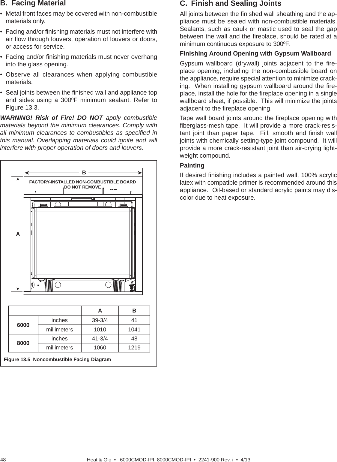 Heat &amp; Glo  •   6000CMOD-IPI, 8000CMOD-IPI  •  2241-900 Rev. i  •  4/1348B. Facing Material•  Metal front faces may be covered with non-combustible materials only. • Facing and/or ﬁ nishing materials must not interfere with air ﬂ ow through louvers, operation of louvers or doors, or access for service.• Facing and/or ﬁ nishing materials must never overhang into the glass opening.• Observe all clearances when applying combustible materials.•  Seal joints between the ﬁ nished wall and appliance top and sides using a 300ºF minimum sealant. Refer to Figure 13.3.WARNING! Risk of Fire! DO NOT apply combustible materials beyond the minimum clearances. Comply with all minimum clearances to combustibles as speciﬁ ed  in this manual. Overlapping materials could ignite and will interfere with proper operation of doors and louvers.Figure 13.5  Noncombustible Facing DiagramBAFACTORY-INSTALLED NON-COMBUSTIBLE BOARDDO NOT REMOVEAB6000 inches 39-3/4 41millimeters 1010 10418000 inches 41-3/4 48millimeters 1060 1219C.  Finish and Sealing JointsAll joints between the ﬁ nished wall sheathing and the ap-pliance must be sealed with non-combustible materials.  Sealants, such as caulk or mastic used to seal the gap between the wall and the ﬁ replace, should be rated at a minimum continuous exposure to 300ºF.  Finishing Around Opening with Gypsum WallboardGypsum wallboard (drywall) joints adjacent to the ﬁ re-place opening, including the non-combustible board on the appliance, require special attention to minimize crack-ing.  When installing gypsum wallboard around the ﬁ re-place, install the hole for the ﬁ replace opening in a single wallboard sheet, if possible.  This will minimize the joints adjacent to the ﬁ replace opening.  Tape wall board joints around the ﬁ replace opening with ﬁ berglass-mesh tape.  It will provide a more crack-resis-tant joint than paper tape.  Fill, smooth and ﬁ nish  wall joints with chemically setting-type joint compound.  It will provide a more crack-resistant joint than air-drying light-weight compound.PaintingIf desired ﬁ nishing includes a painted wall, 100% acrylic latex with compatible primer is recommended around this appliance.  Oil-based or standard acrylic paints may dis-color due to heat exposure.