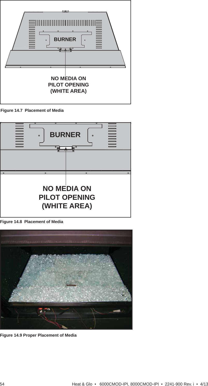 Heat &amp; Glo  •   6000CMOD-IPI, 8000CMOD-IPI  •  2241-900 Rev. i  •  4/1354Figure 14.7  Placement of MediaNO MEDIA ON PILOT OPENING(WHITE AREA)BURNERNO MEDIA ON PILOT OPENING(WHITE AREA)BURNERFigure 14.8  Placement of MediaFigure 14.9 Proper Placement of Media