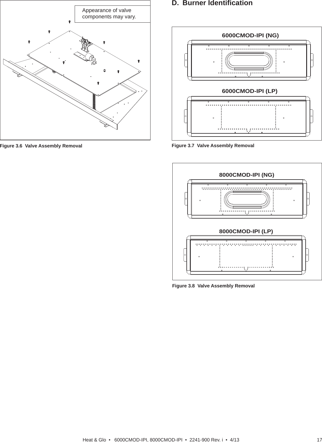 17Heat &amp; Glo  •   6000CMOD-IPI, 8000CMOD-IPI  •  2241-900 Rev. i  •  4/13Figure 3.6  Valve Assembly RemovalAppearance of valve components may vary.8000CMOD-IPI (NG)8000CMOD-IPI (LP)Figure 3.8  Valve Assembly Removal6000CMOD-IPI (NG)6000CMOD-IPI (LP)Figure 3.7  Valve Assembly RemovalD. Burner Identiﬁ cation