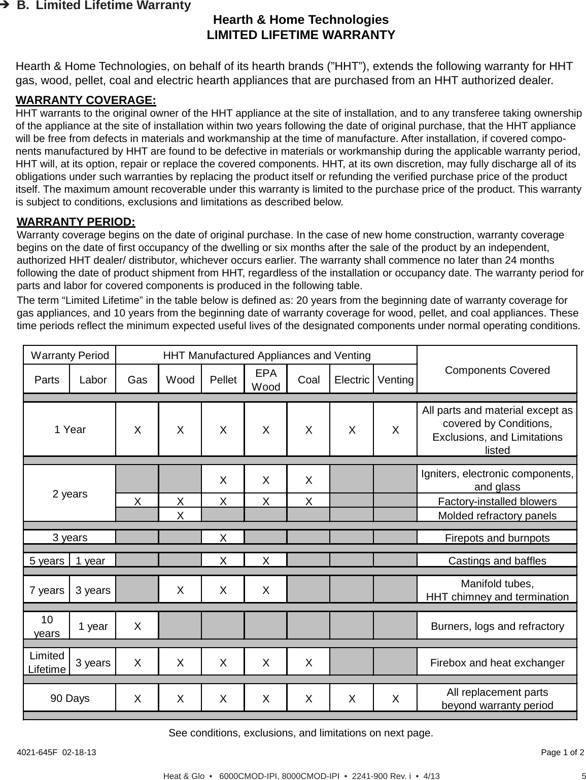 5Heat &amp; Glo  •   6000CMOD-IPI, 8000CMOD-IPI  •  2241-900 Rev. i  •  4/13B.  Limited Lifetime Warranty4021-645F  02-18-13  Page 1 of 2Hearth &amp; Home TechnologiesLIMITED LIFETIME WARRANTYHearth &amp; Home Technologies, on behalf of its hearth brands (”HHT”), extends the following warranty for HHT gas, wood, pellet, coal and electric hearth appliances that are purchased from an HHT authorized dealer.WARRANTY COVERAGE:HHT warrants to the original owner of the HHT appliance at the site of installation, and to any transferee taking ownership of the appliance at the site of installation within two years following the date of original purchase, that the HHT appliance will be free from defects in materials and workmanship at the time of manufacture. After installation, if covered compo-nents manufactured by HHT are found to be defective in materials or workmanship during the applicable warranty period, HHT will, at its option, repair or replace the covered components. HHT, at its own discretion, may fully discharge all of its obligations under such warranties by replacing the product itself or refunding the verified purchase price of the product itself. The maximum amount recoverable under this warranty is limited to the purchase price of the product. This warranty is subject to conditions, exclusions and limitations as described below.WARRANTY PERIOD:Warranty coverage begins on the date of original purchase. In the case of new home construction, warranty coverage begins on the date of first occupancy of the dwelling or six months after the sale of the product by an independent, authorized HHT dealer/ distributor, whichever occurs earlier. The warranty shall commence no later than 24 months following the date of product shipment from HHT, regardless of the installation or occupancy date. The warranty period for parts and labor for covered components is produced in the following table.The term “Limited Lifetime” in the table below is defined as: 20 years from the beginning date of warranty coverage for gas appliances, and 10 years from the beginning date of warranty coverage for wood, pellet, and coal appliances. These time periods reflect the minimum expected useful lives of the designated components under normal operating conditions.See conditions, exclusions, and limitations on next page.Parts Labor Gas Wood PelletEPAWoodCoal Electric VentingXXXXXXXAll parts and material except as covered by Conditions, Exclusions, and Limitations listedXXXIgniters, electronic components, and glassXXXXX Factory-installed blowersX Molded refractory panelsX Firepots and burnpots5 years 1 year X X Castings and baffles7 years 3 years X X XManifold tubes, HHT chimney and termination10years1 year X Burners, logs and refractoryLimited Lifetime3 yearsXXXXX Firebox and heat exchangerXXXXXXXAll replacement partsbeyond warranty periodWarranty PeriodHHT Manufactured Appliances and Venting1 YearComponents Covered3 years2 years90 Days