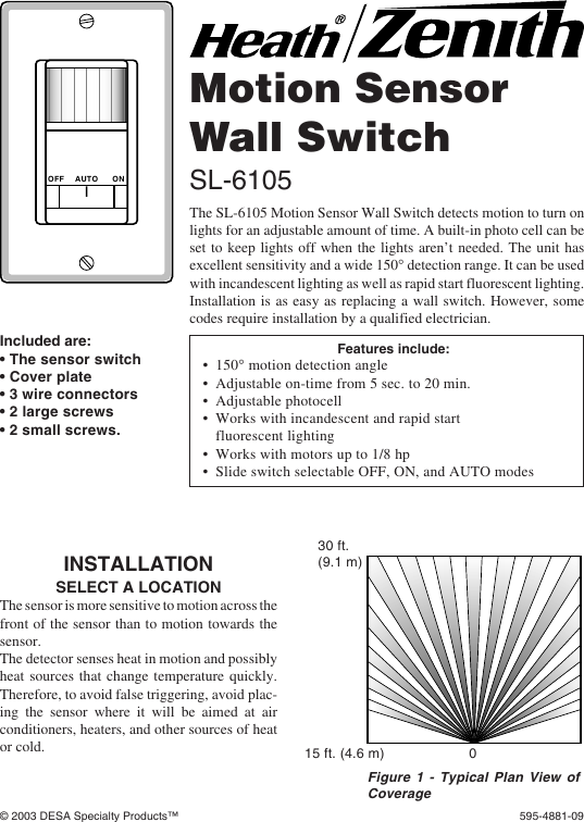 Page 1 of 12 - Heath-Zenith Heath-Zenith-Motion-Sensor-Wall-Switch-Sl-6105-Users-Manual- 595-4881-09  Heath-zenith-motion-sensor-wall-switch-sl-6105-users-manual