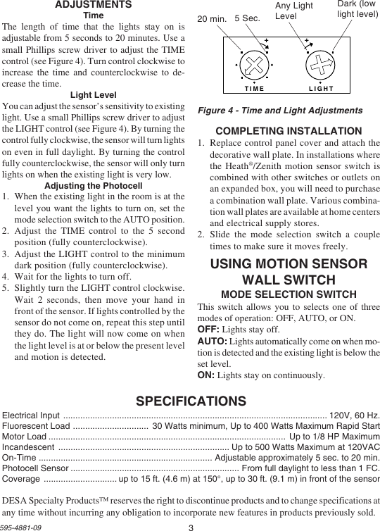 Page 3 of 12 - Heath-Zenith Heath-Zenith-Motion-Sensor-Wall-Switch-Sl-6105-Users-Manual- 595-4881-09  Heath-zenith-motion-sensor-wall-switch-sl-6105-users-manual