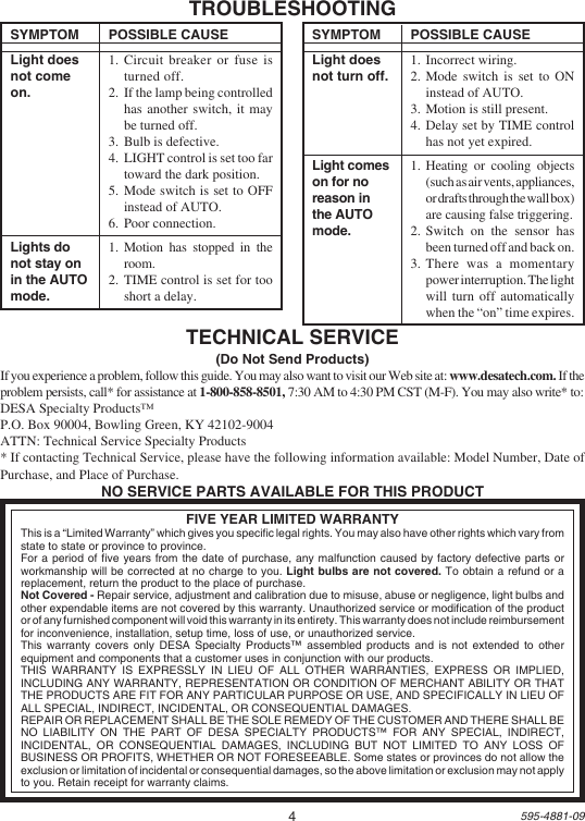 Page 4 of 12 - Heath-Zenith Heath-Zenith-Motion-Sensor-Wall-Switch-Sl-6105-Users-Manual- 595-4881-09  Heath-zenith-motion-sensor-wall-switch-sl-6105-users-manual