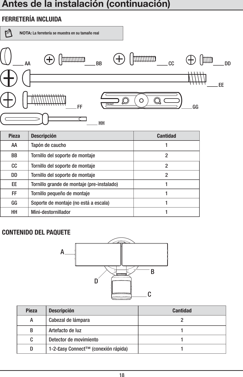  18Antes de la instalación (continuación)FERRETERÍA INCLUIDANOTA: La ferretería se muestra en su tamaño real AA   BB   CC   DD EE FF FRONT GG HHPieza Descripción CantidadAA Tapón de caucho 1BB Tornillo del soporte de montaje 2CC Tornillo del soporte de montaje 2DD Tornillo del soporte de montaje 2EE Tornillo grande de montaje (pre-instalado) 1FF Tornillo pequeño de montaje 1GG Soporte de montaje (no está a escala) 1HH Mini-destornillador 1CONTENIDO DEL PAQUETEPieza Descripción CantidadA Cabezal de lámpara 2B Artefacto de luz 1C Detector de movimiento 1D1-2- asy Connect™ (conexión rápida) 1CDBA