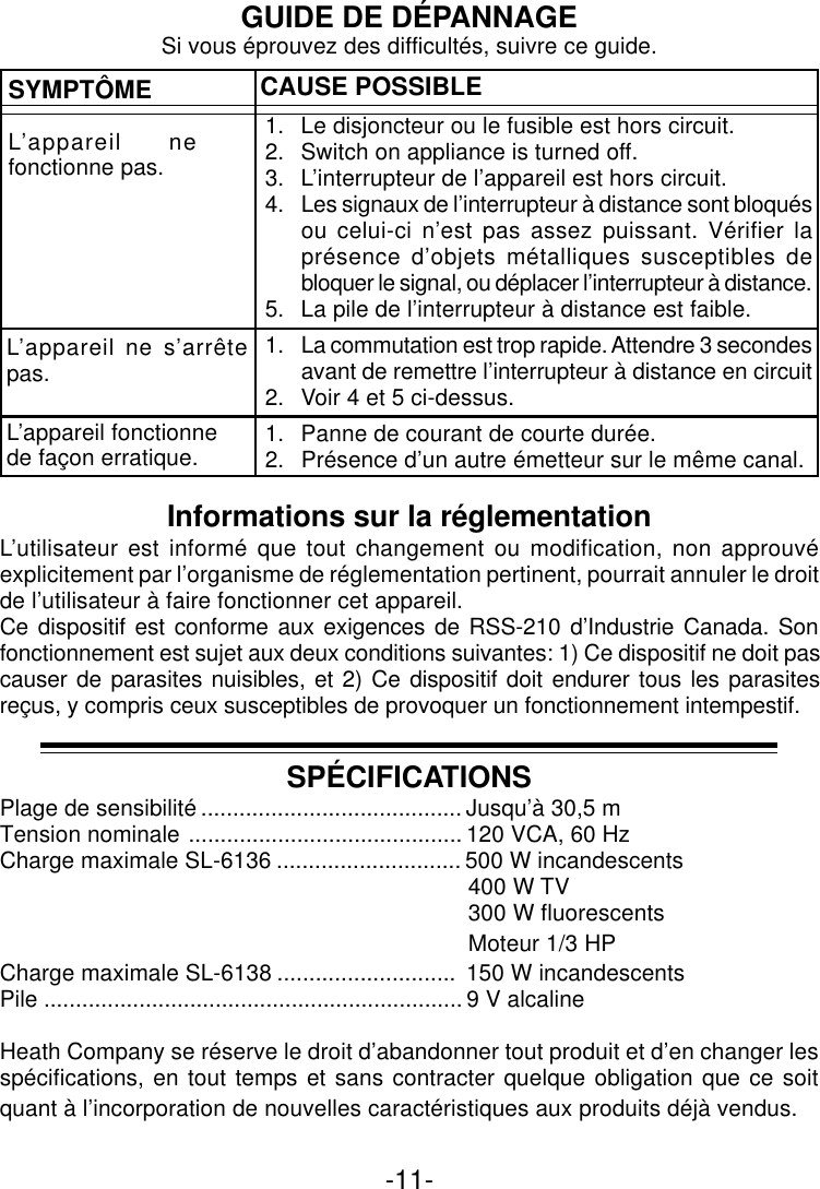 -11-GUIDE DE DÉPANNAGESYMPTÔMEL’appareil nefonctionne pas.CAUSE POSSIBLE1. Le disjoncteur ou le fusible est hors circuit.2. Switch on appliance is turned off.3. L’interrupteur de l’appareil est hors circuit.4. Les signaux de l’interrupteur à distance sont bloquésou celui-ci n’est pas assez puissant. Vérifier laprésence d’objets métalliques susceptibles debloquer le signal, ou déplacer l’interrupteur à distance.5. La pile de l’interrupteur à distance est faible.1. La commutation est trop rapide. Attendre 3 secondesavant de remettre l’interrupteur à distance en circuit2. Voir 4 et 5 ci-dessus.1. Panne de courant de courte durée.2. Présence d’un autre émetteur sur le même canal.L’appareil ne s’arrêtepas.L’appareil fonctionnede façon erratique.Si vous éprouvez des difficultés, suivre ce guide.SPÉCIFICATIONSPlage de sensibilité ......................................... Jusqu’à 30,5 mTension nominale ........................................... 120 VCA, 60 HzCharge maximale SL-6136 ............................. 500 W incandescents  400 W TV  300 W fluorescents  Moteur 1/3 HPCharge maximale SL-6138 ............................ 150 W incandescentsPile .................................................................. 9 V alcalineHeath Company se réserve le droit d’abandonner tout produit et d’en changer lesspécifications, en tout temps et sans contracter quelque obligation que ce soitquant à l’incorporation de nouvelles caractéristiques aux produits déjà vendus.Informations sur la réglementationL’utilisateur est informé que tout changement ou modification, non approuvéexplicitement par l’organisme de réglementation pertinent, pourrait annuler le droitde l’utilisateur à faire fonctionner cet appareil.Ce dispositif est conforme aux exigences de RSS-210 d’Industrie Canada. Sonfonctionnement est sujet aux deux conditions suivantes: 1) Ce dispositif ne doit pascauser de parasites nuisibles, et 2) Ce dispositif doit endurer tous les parasitesreçus, y compris ceux susceptibles de provoquer un fonctionnement intempestif.